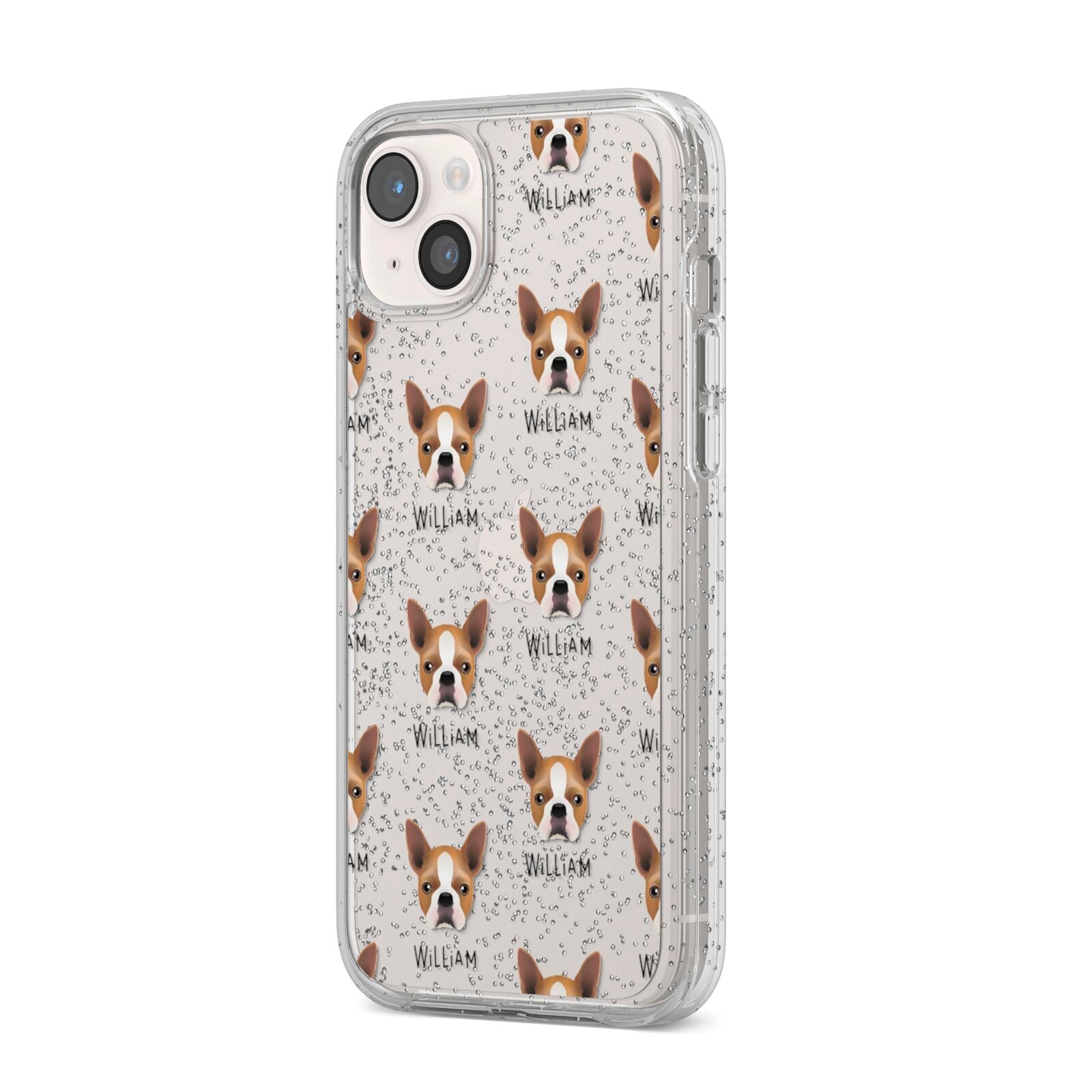 Boston Terrier Icon with Name iPhone 14 Plus Glitter Tough Case Starlight Angled Image