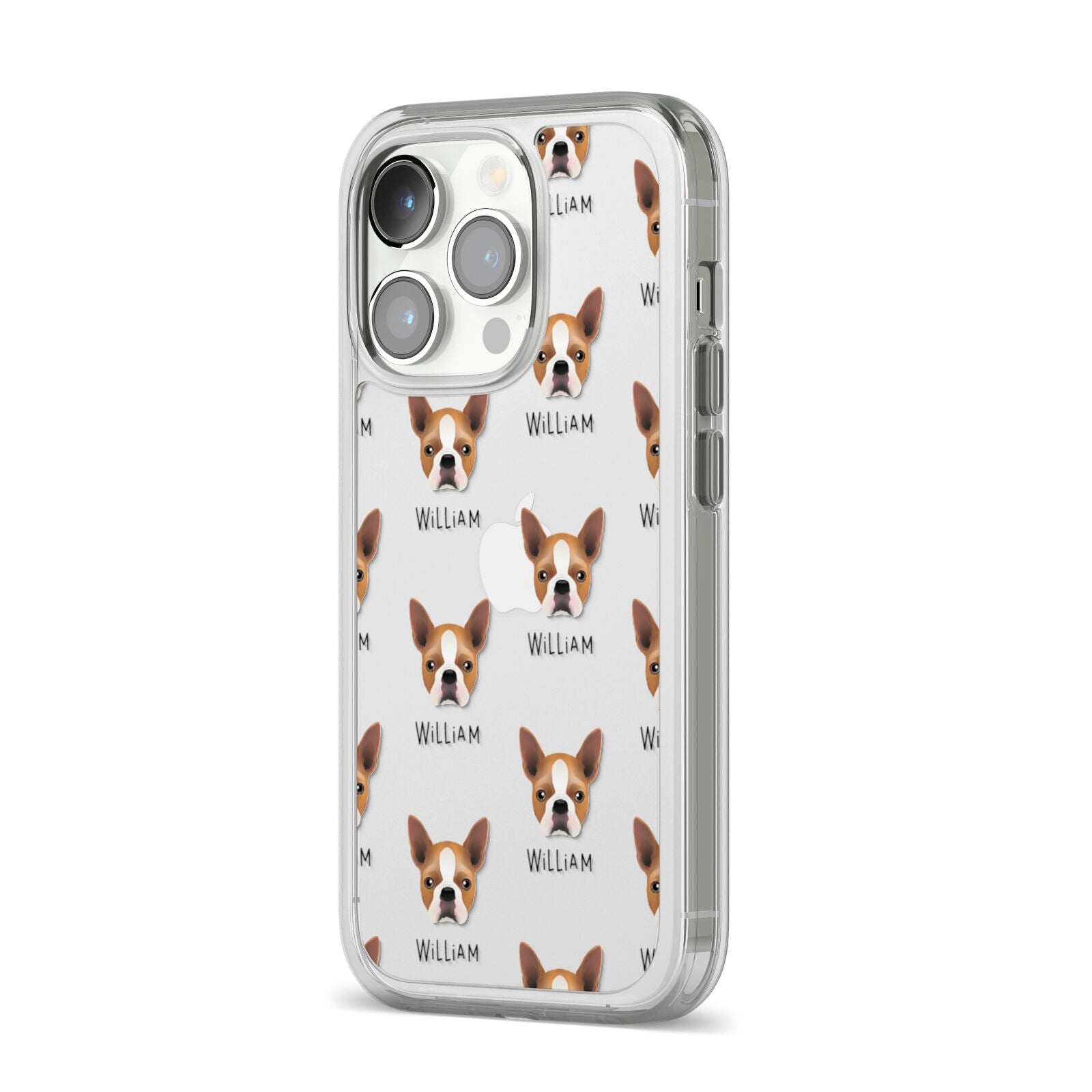 Boston Terrier Icon with Name iPhone 14 Pro Clear Tough Case Silver Angled Image