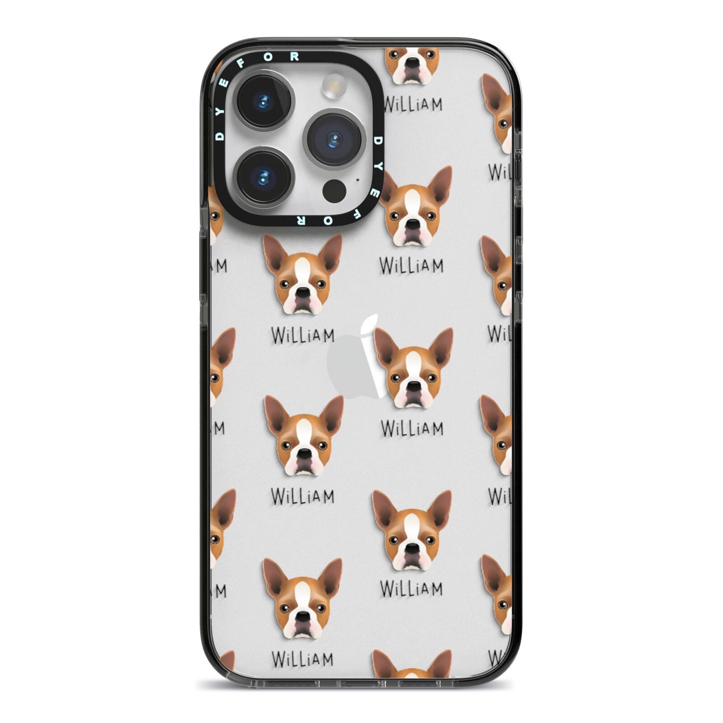 Boston Terrier Icon with Name iPhone 14 Pro Max Black Impact Case on Silver phone