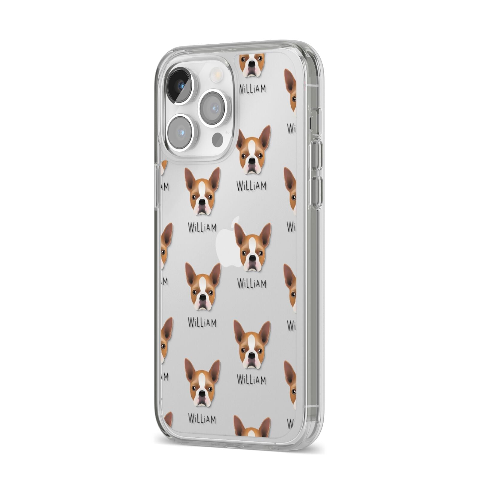 Boston Terrier Icon with Name iPhone 14 Pro Max Clear Tough Case Silver Angled Image