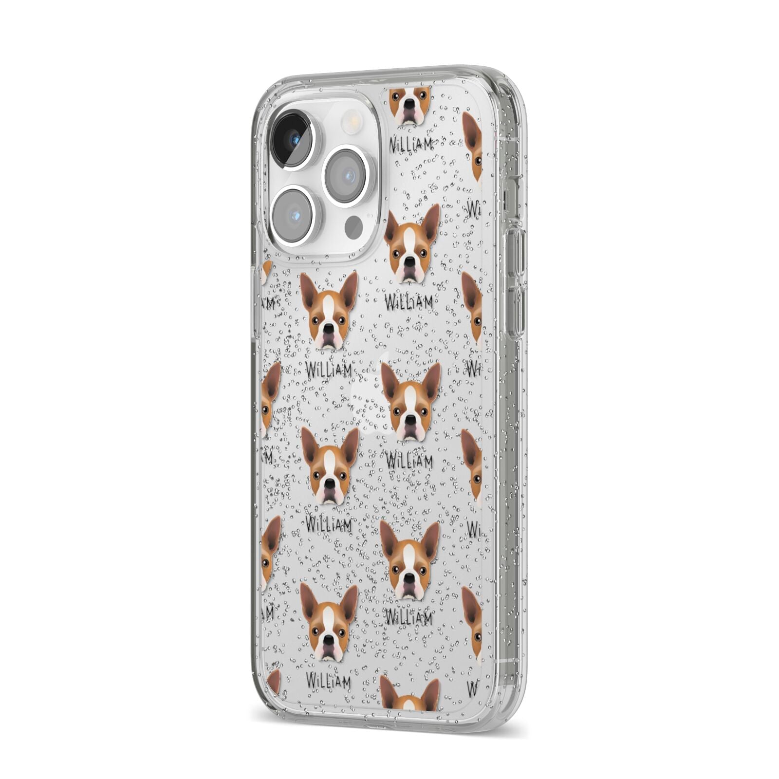 Boston Terrier Icon with Name iPhone 14 Pro Max Glitter Tough Case Silver Angled Image