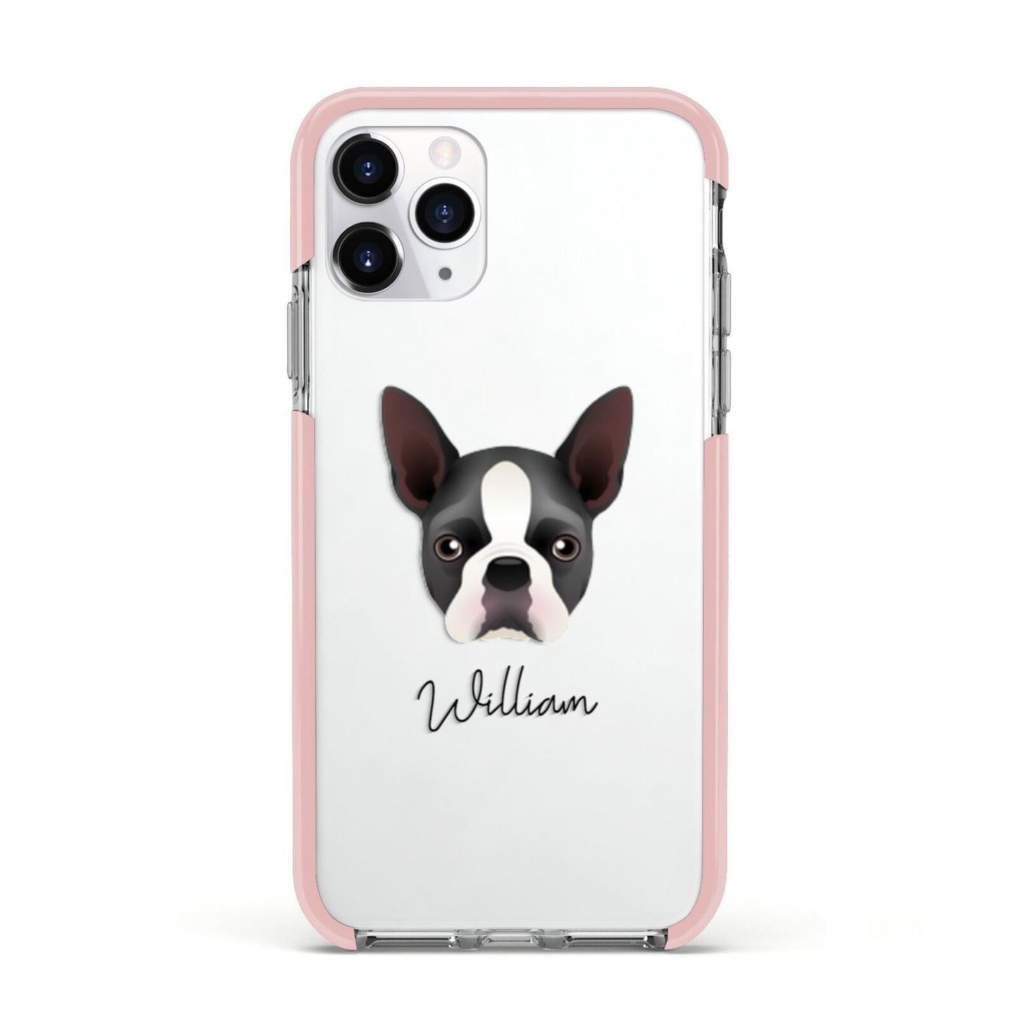 Boston Terrier Personalised Apple iPhone 11 Pro in Silver with Pink Impact Case