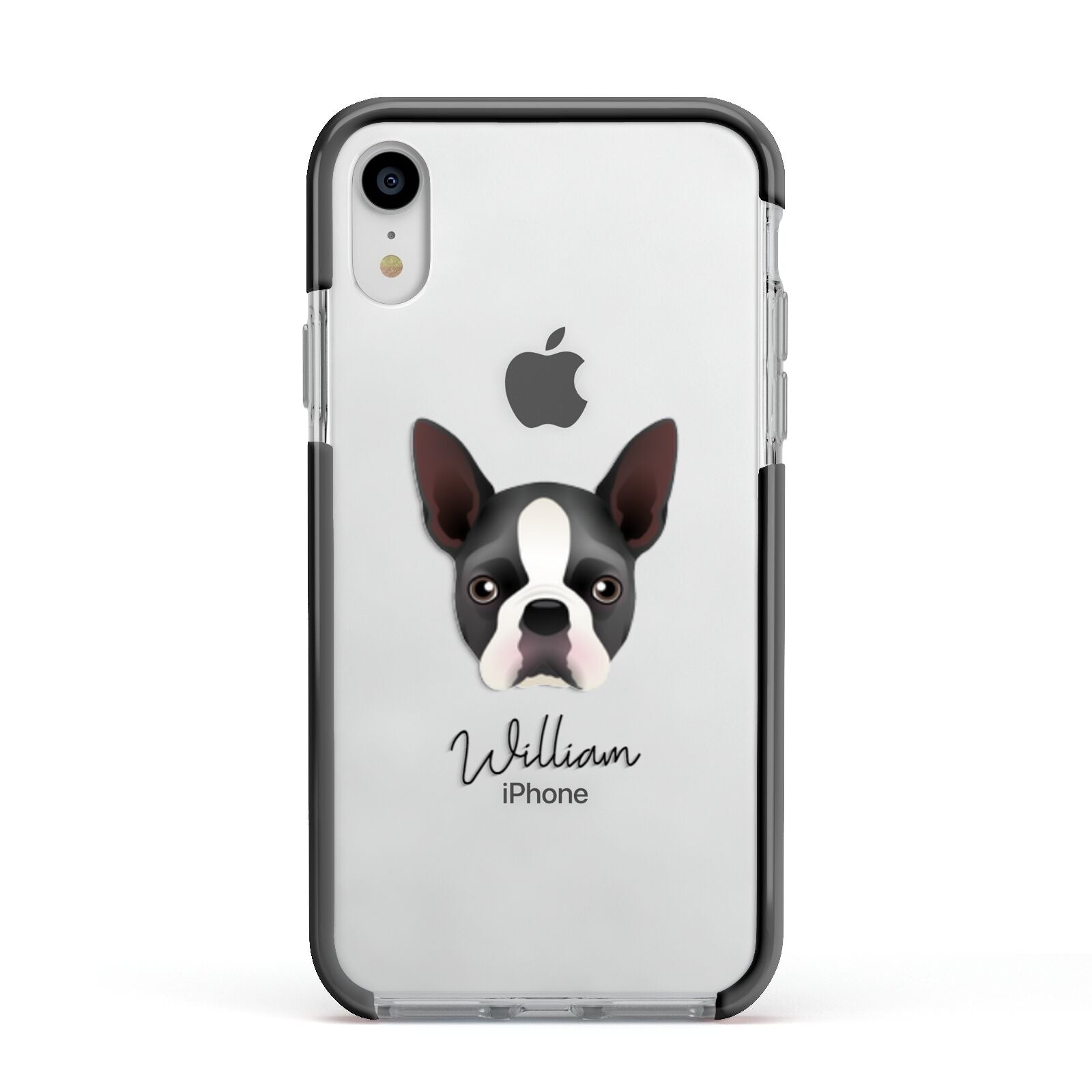 Boston Terrier Personalised Apple iPhone XR Impact Case Black Edge on Silver Phone