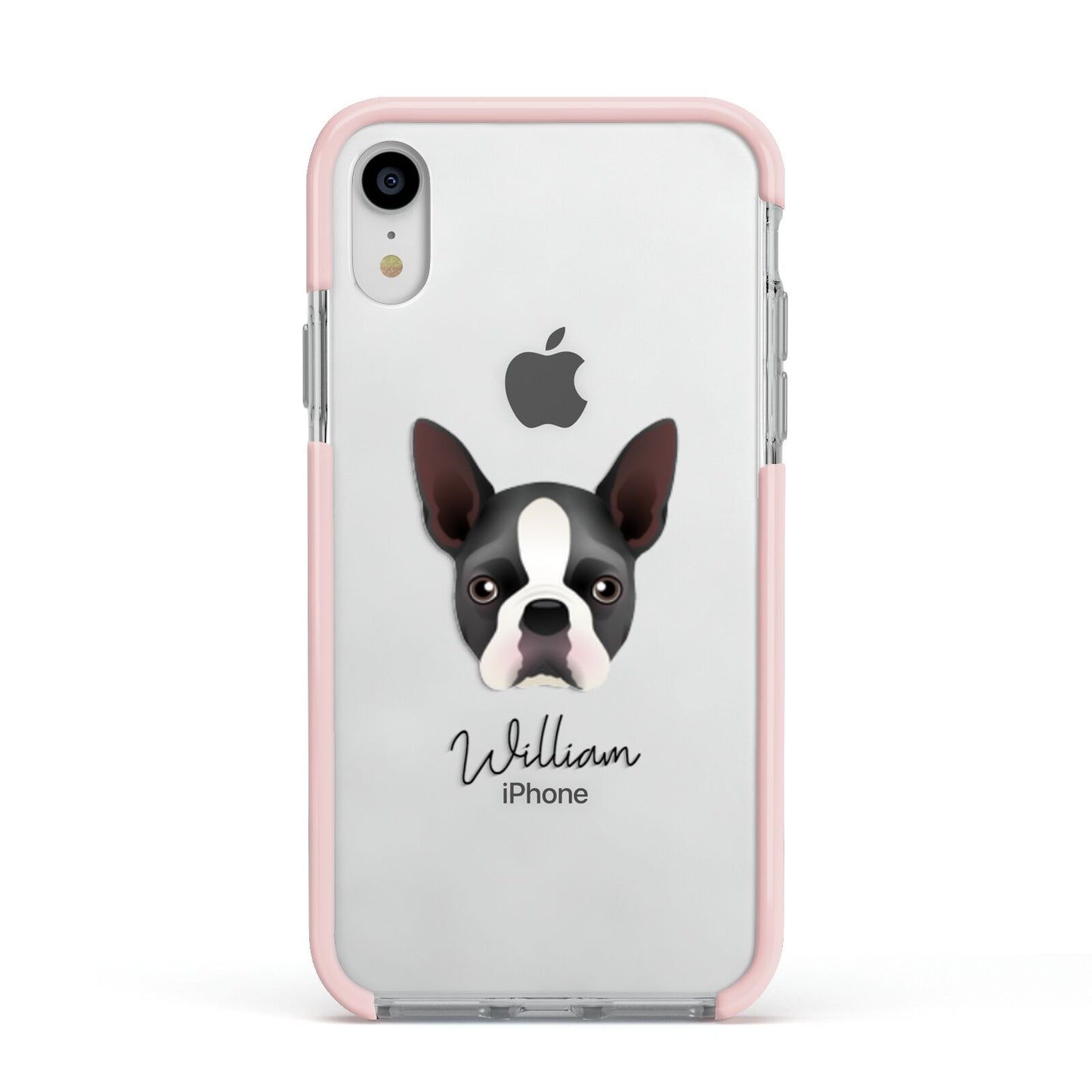 Boston Terrier Personalised Apple iPhone XR Impact Case Pink Edge on Silver Phone