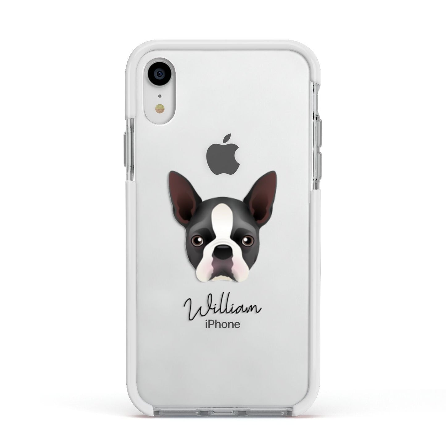 Boston Terrier Personalised Apple iPhone XR Impact Case White Edge on Silver Phone