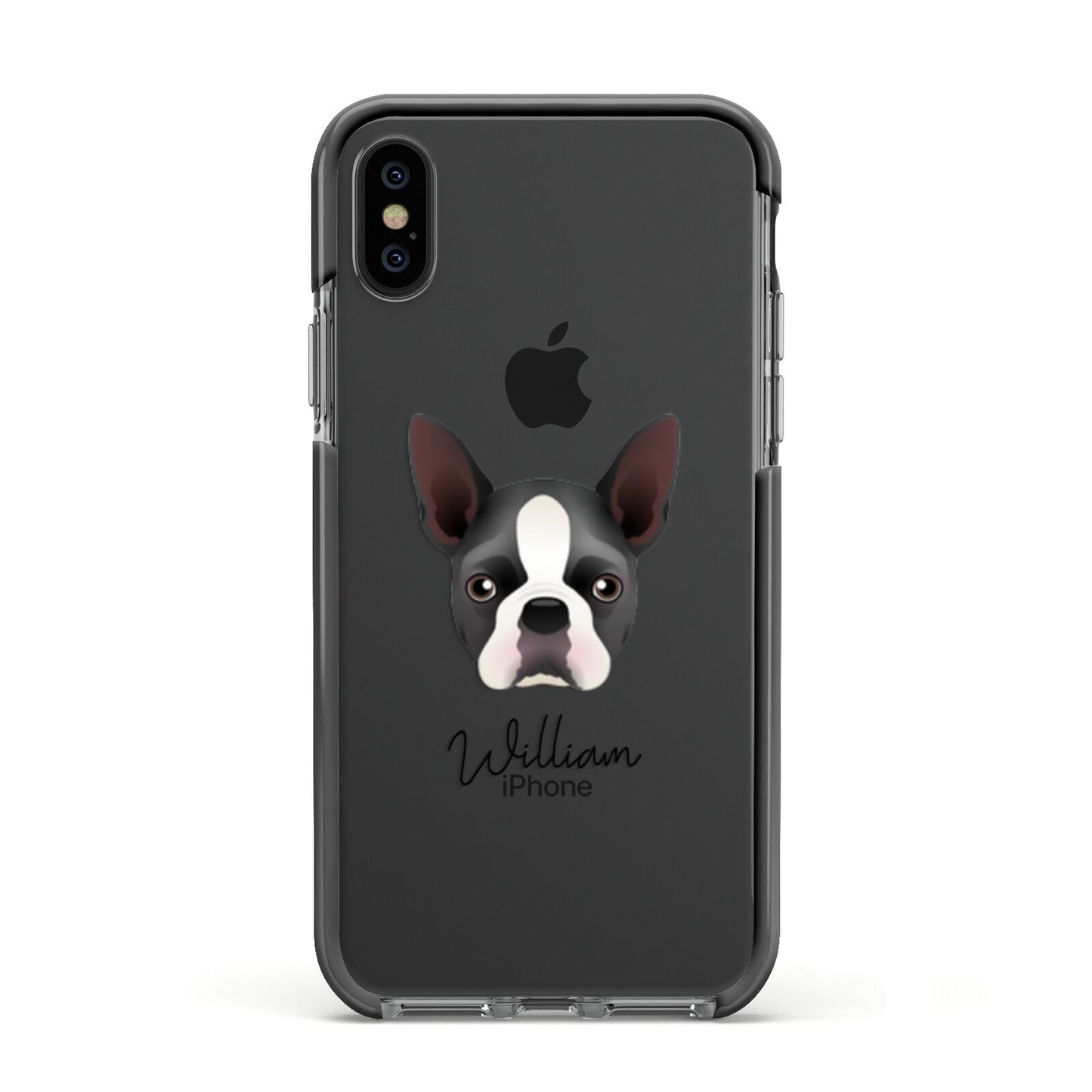 Boston Terrier Personalised Apple iPhone Xs Impact Case Black Edge on Black Phone