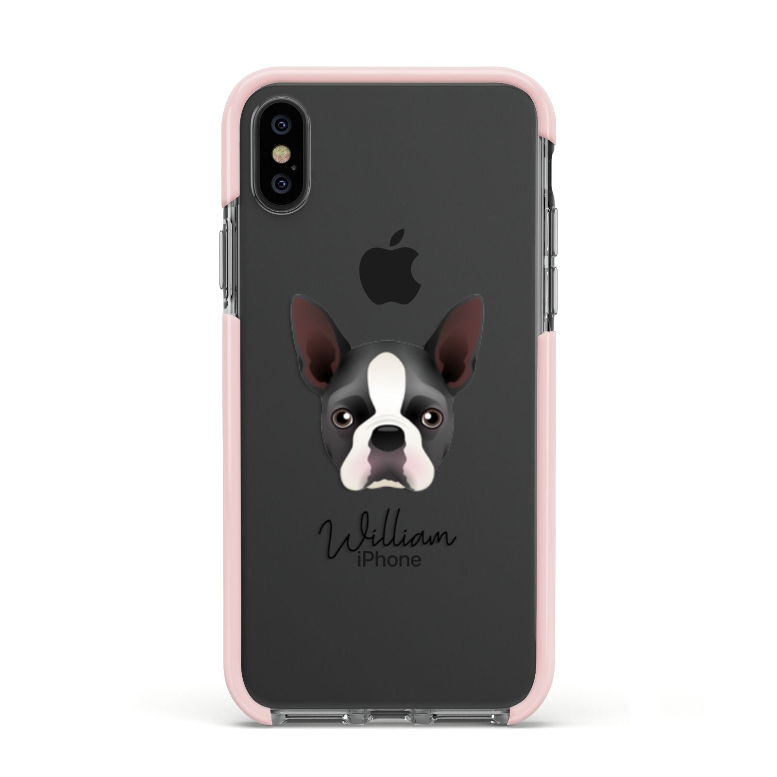 Boston Terrier Personalised Apple iPhone Xs Impact Case Pink Edge on Black Phone