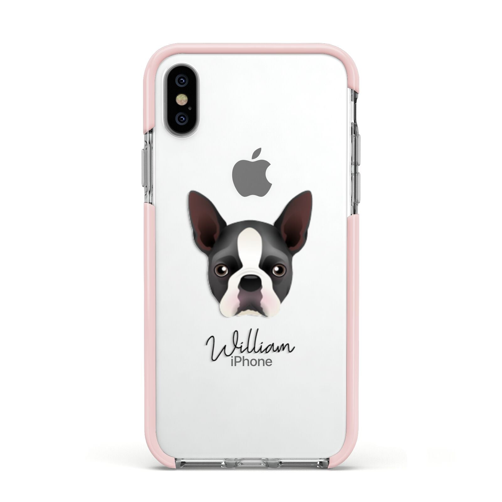 Boston Terrier Personalised Apple iPhone Xs Impact Case Pink Edge on Silver Phone