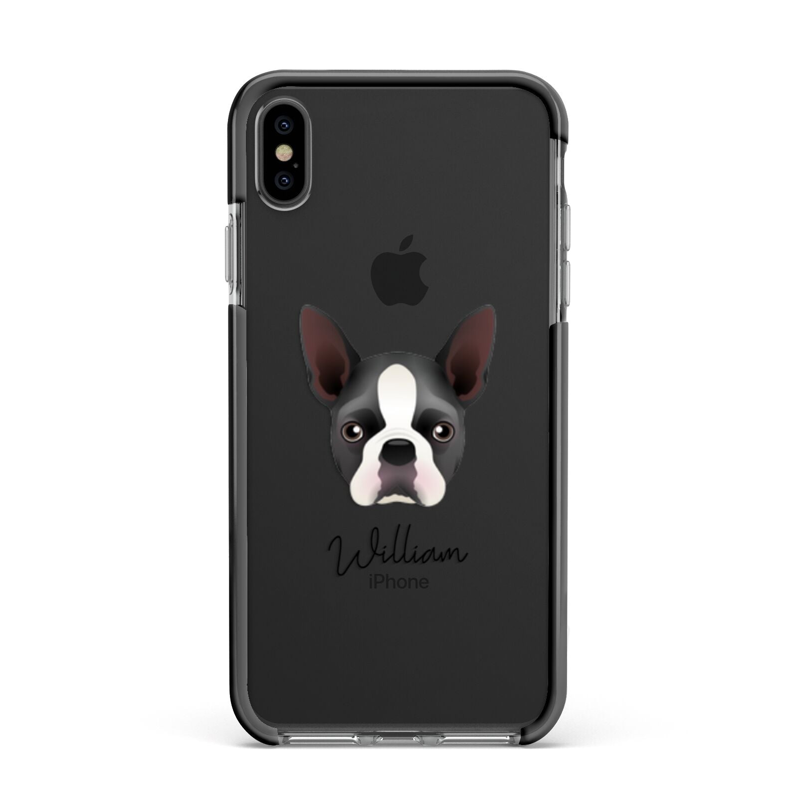 Boston Terrier Personalised Apple iPhone Xs Max Impact Case Black Edge on Black Phone