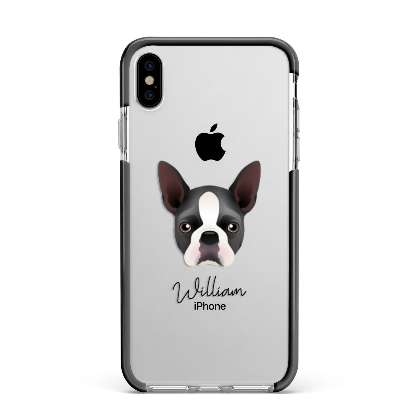 Boston Terrier Personalised Apple iPhone Xs Max Impact Case Black Edge on Silver Phone