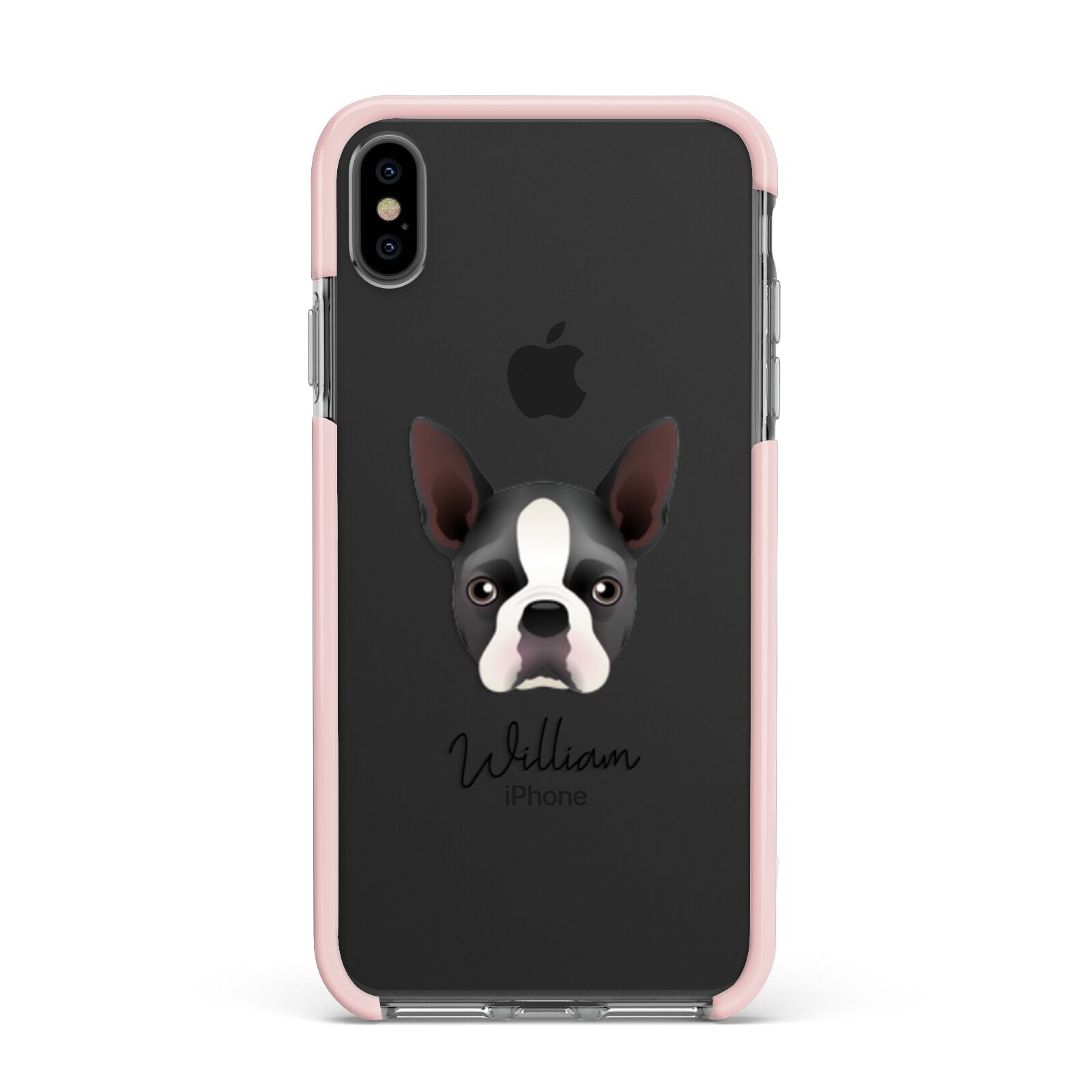Boston Terrier Personalised Apple iPhone Xs Max Impact Case Pink Edge on Black Phone