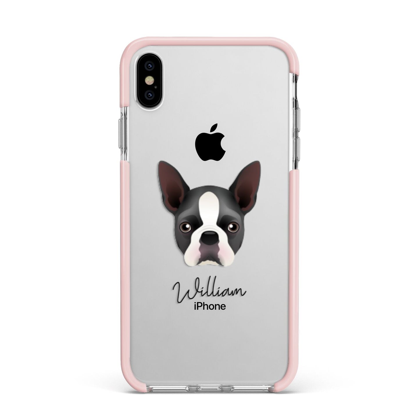 Boston Terrier Personalised Apple iPhone Xs Max Impact Case Pink Edge on Silver Phone