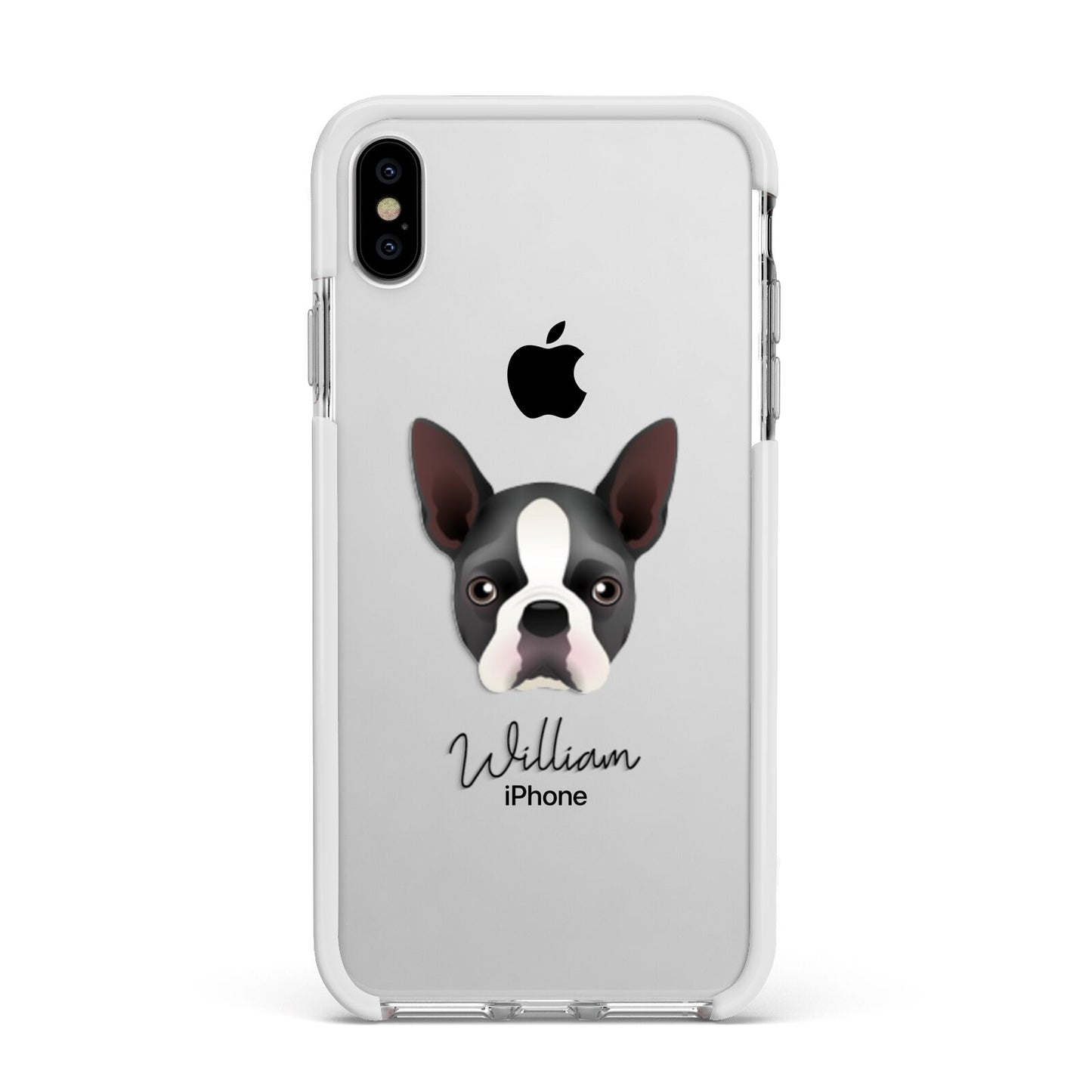 Boston Terrier Personalised Apple iPhone Xs Max Impact Case White Edge on Silver Phone