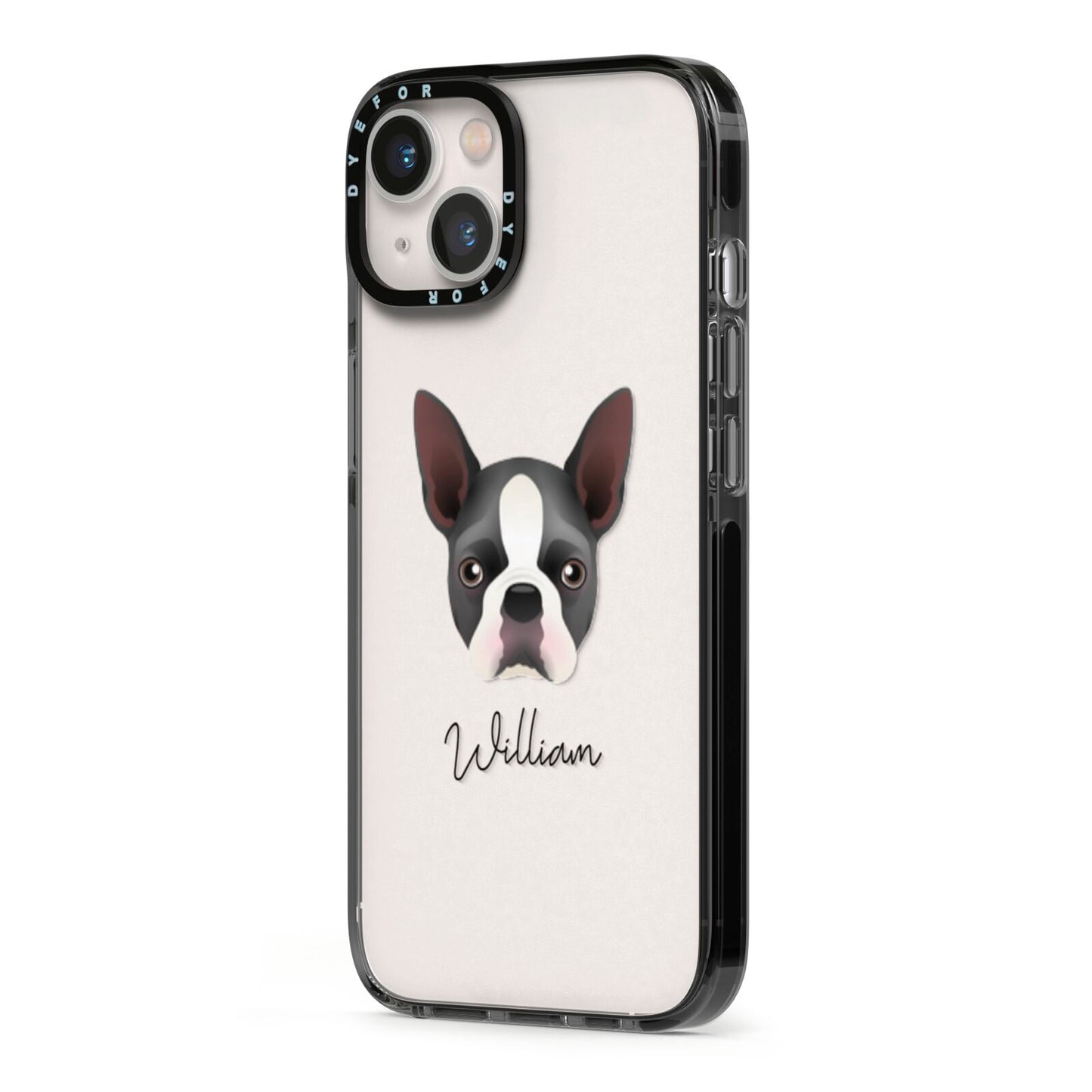 Boston Terrier Personalised iPhone 13 Black Impact Case Side Angle on Silver phone