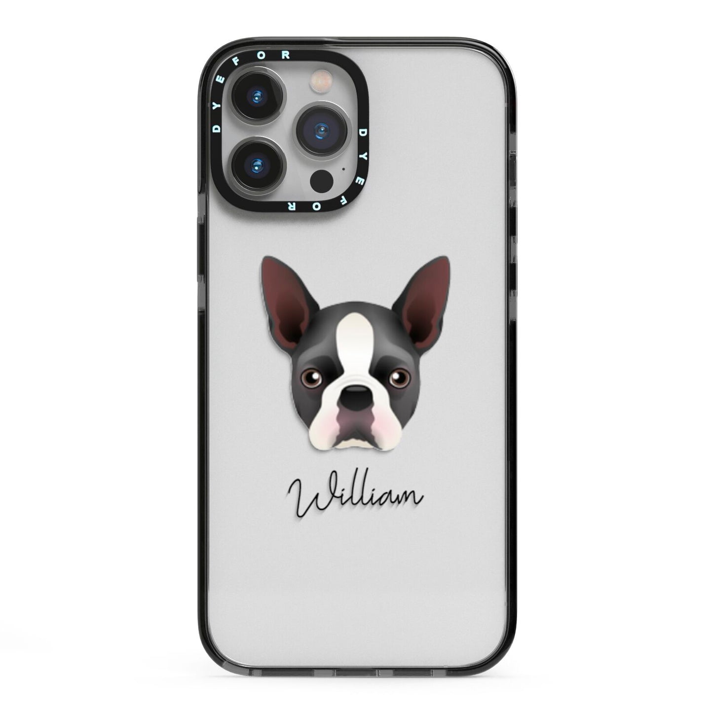 Boston Terrier Personalised iPhone 13 Pro Max Black Impact Case on Silver phone