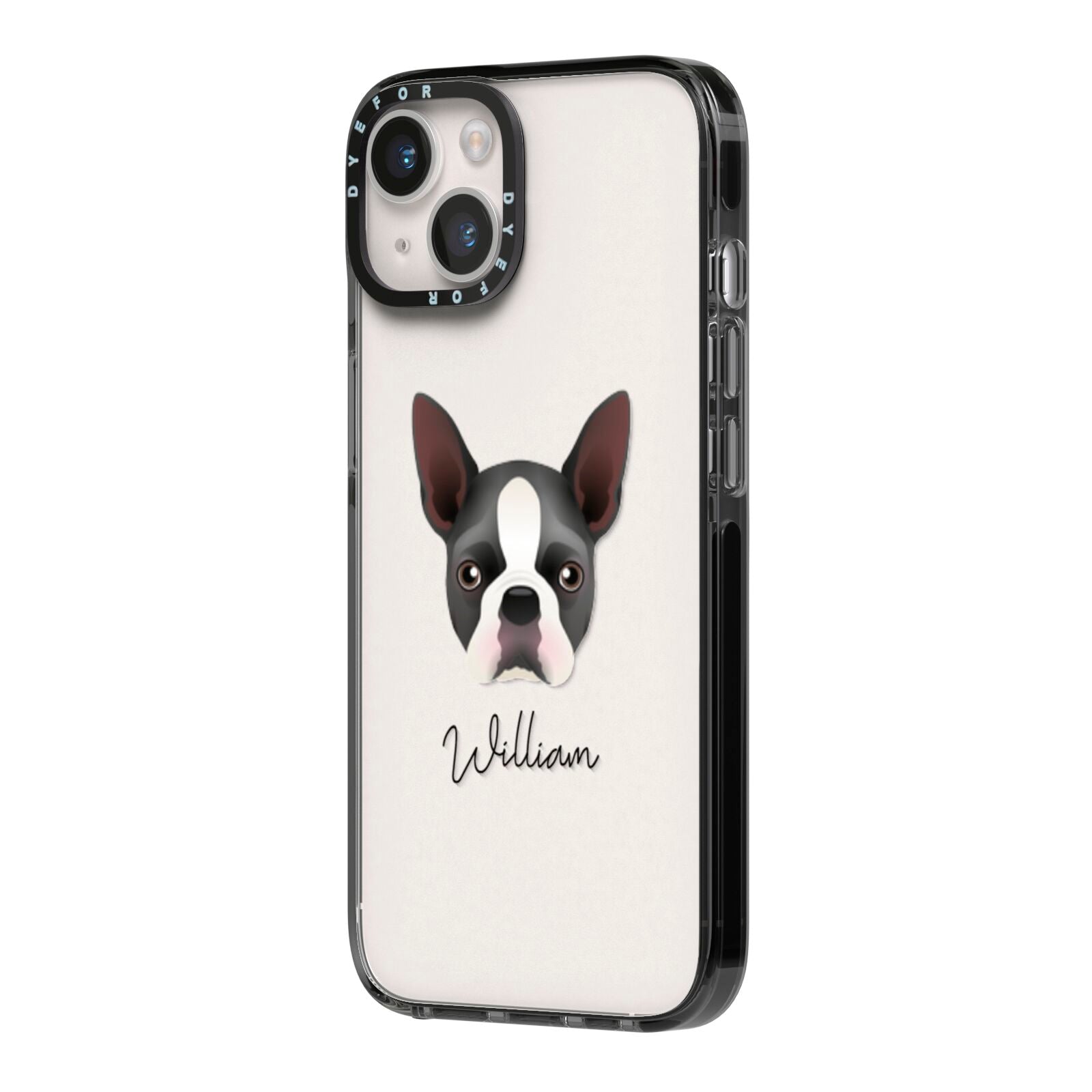 Boston Terrier Personalised iPhone 14 Black Impact Case Side Angle on Silver phone