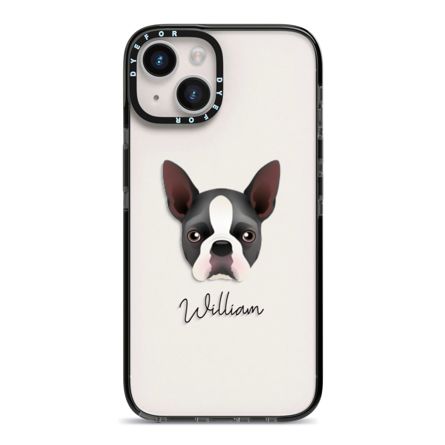 Boston Terrier Personalised iPhone 14 Black Impact Case on Silver phone