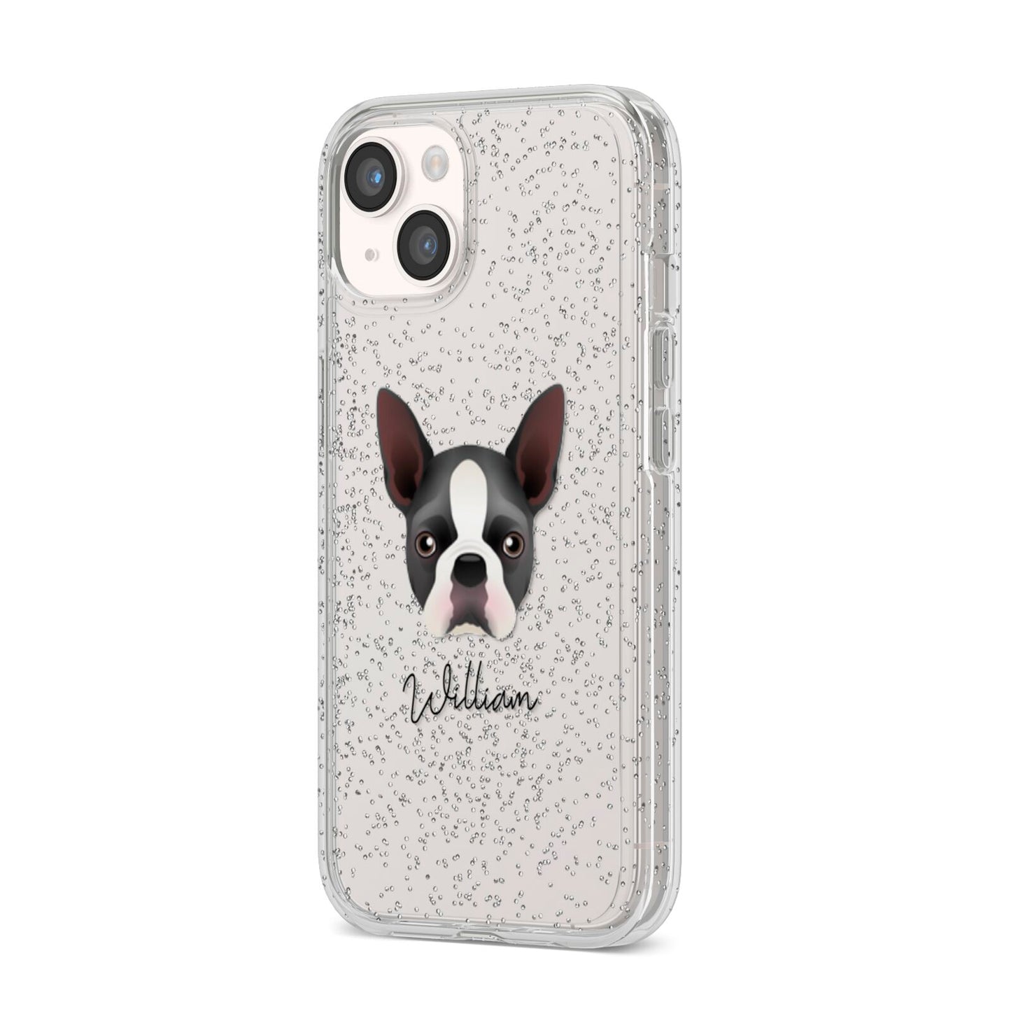 Boston Terrier Personalised iPhone 14 Glitter Tough Case Starlight Angled Image