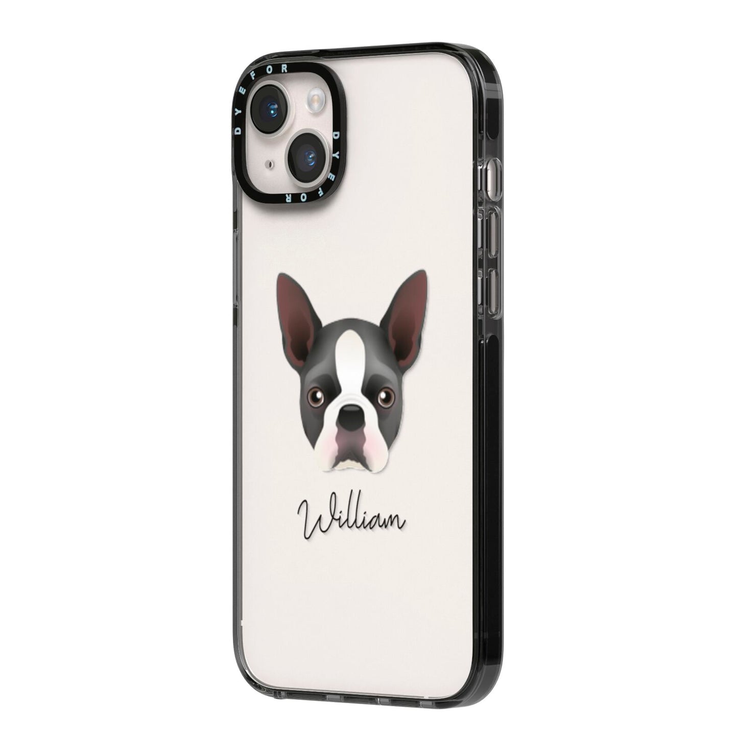 Boston Terrier Personalised iPhone 14 Plus Black Impact Case Side Angle on Silver phone