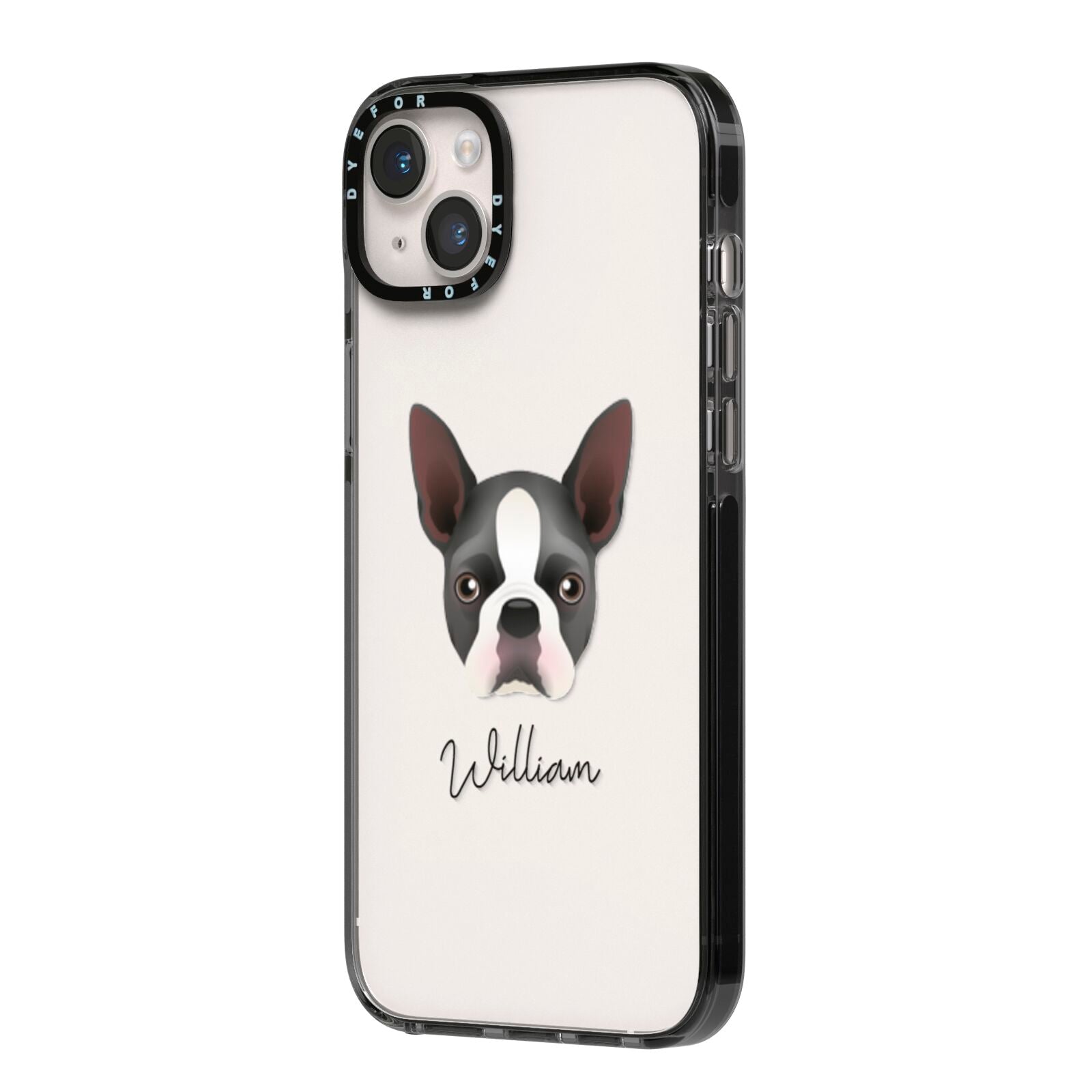 Boston Terrier Personalised iPhone 14 Plus Black Impact Case Side Angle on Silver phone