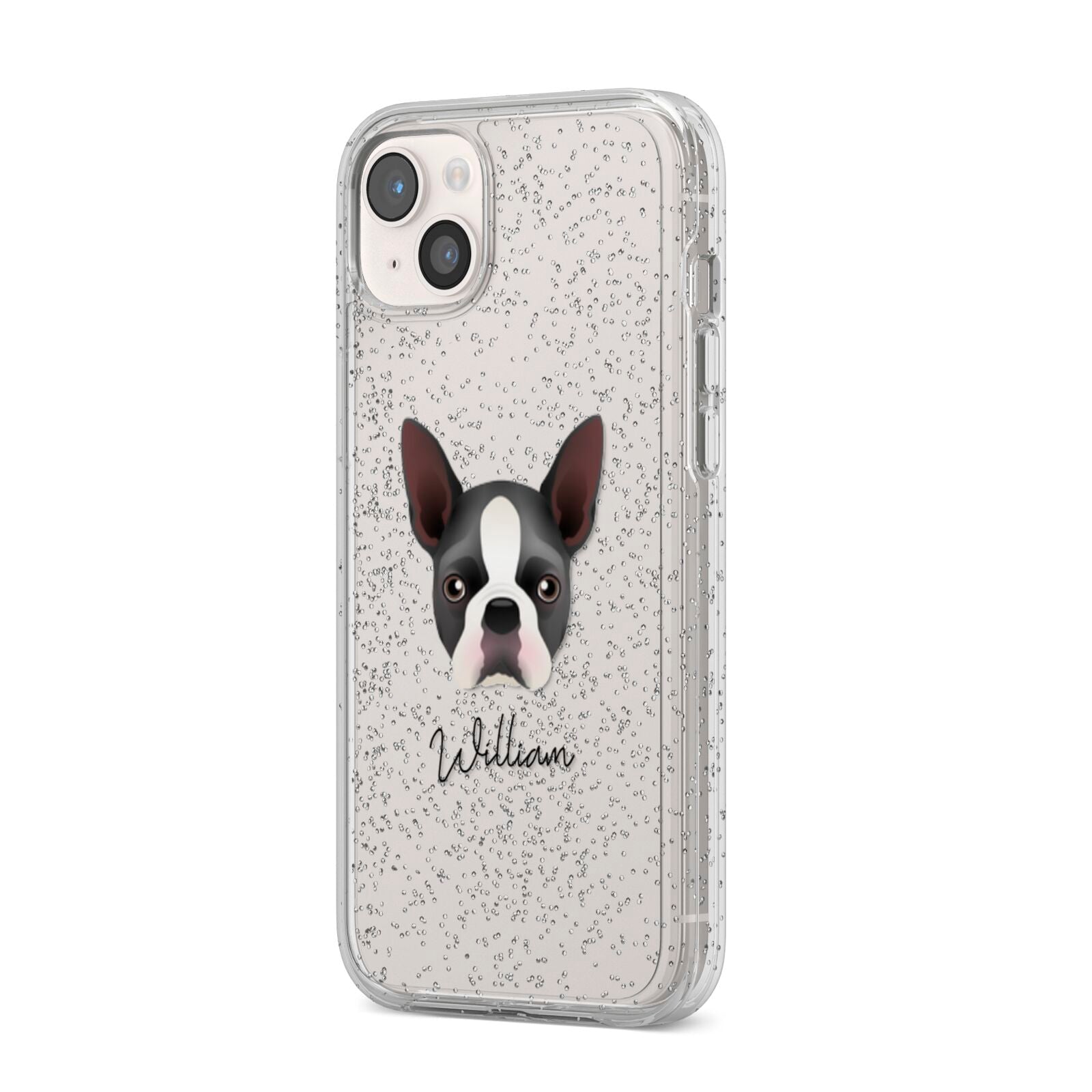 Boston Terrier Personalised iPhone 14 Plus Glitter Tough Case Starlight Angled Image