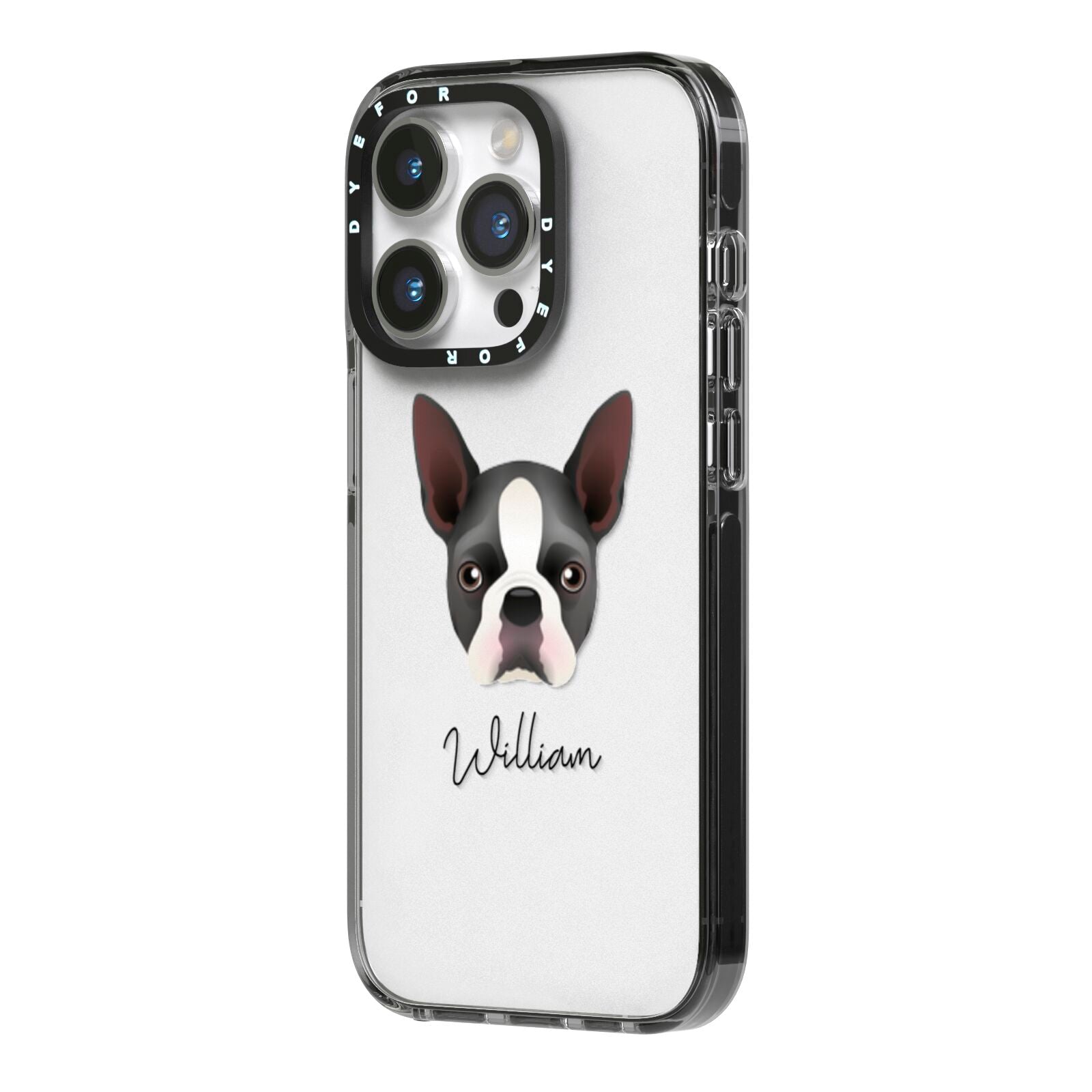 Boston Terrier Personalised iPhone 14 Pro Black Impact Case Side Angle on Silver phone