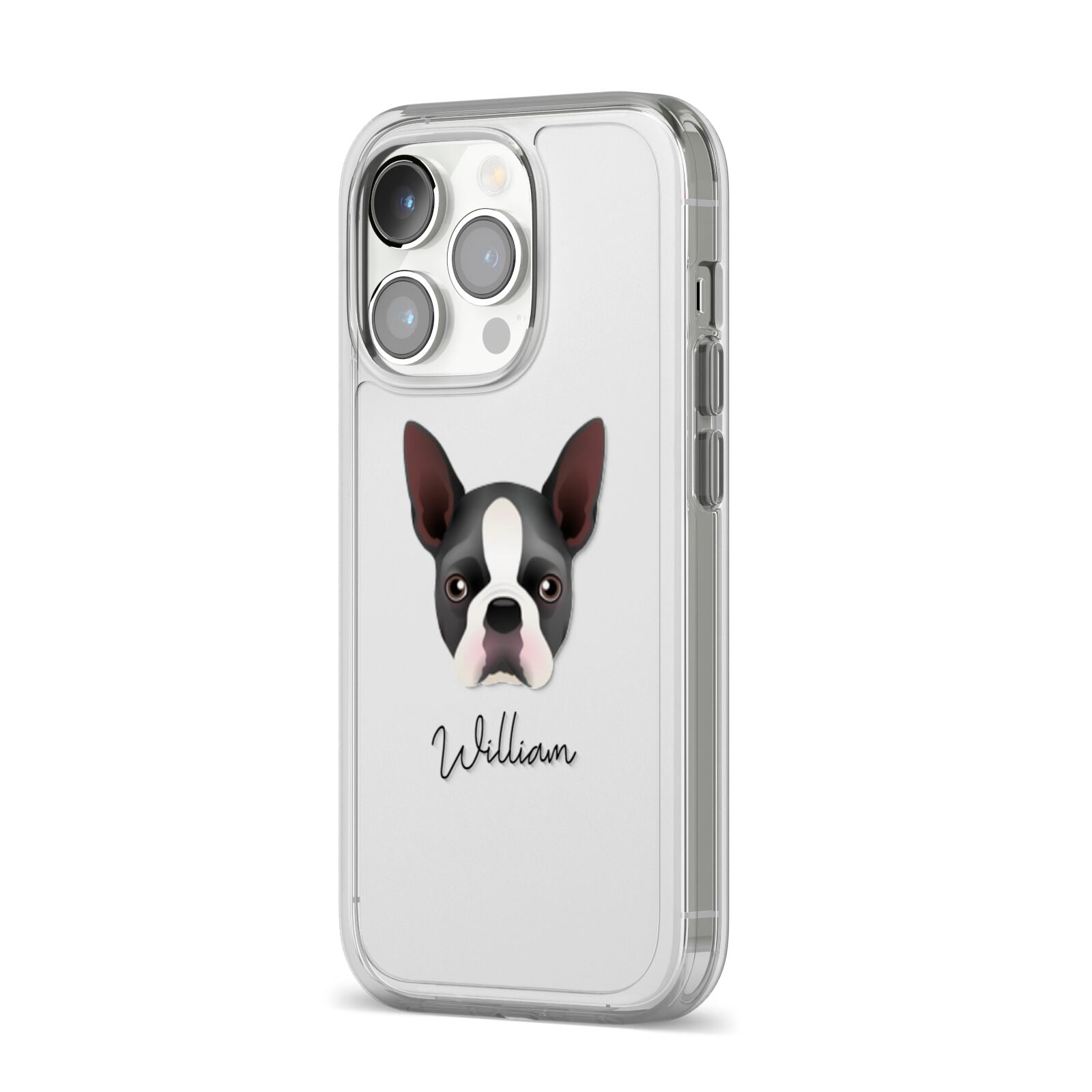 Boston Terrier Personalised iPhone 14 Pro Clear Tough Case Silver Angled Image