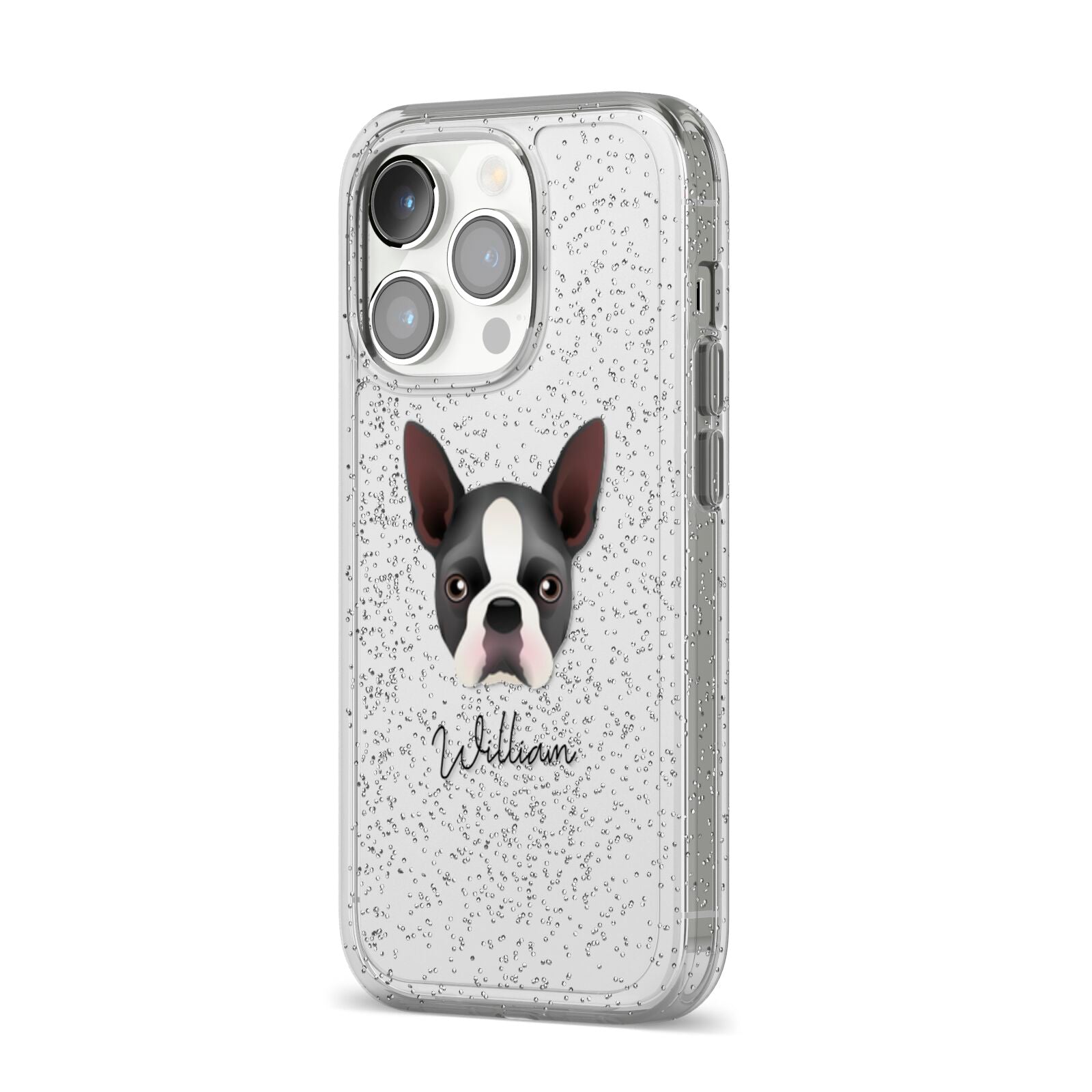 Boston Terrier Personalised iPhone 14 Pro Glitter Tough Case Silver Angled Image