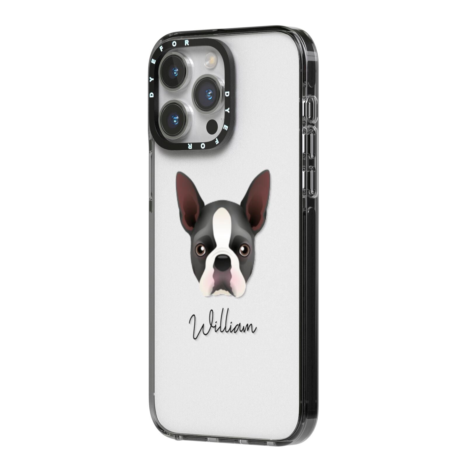 Boston Terrier Personalised iPhone 14 Pro Max Black Impact Case Side Angle on Silver phone