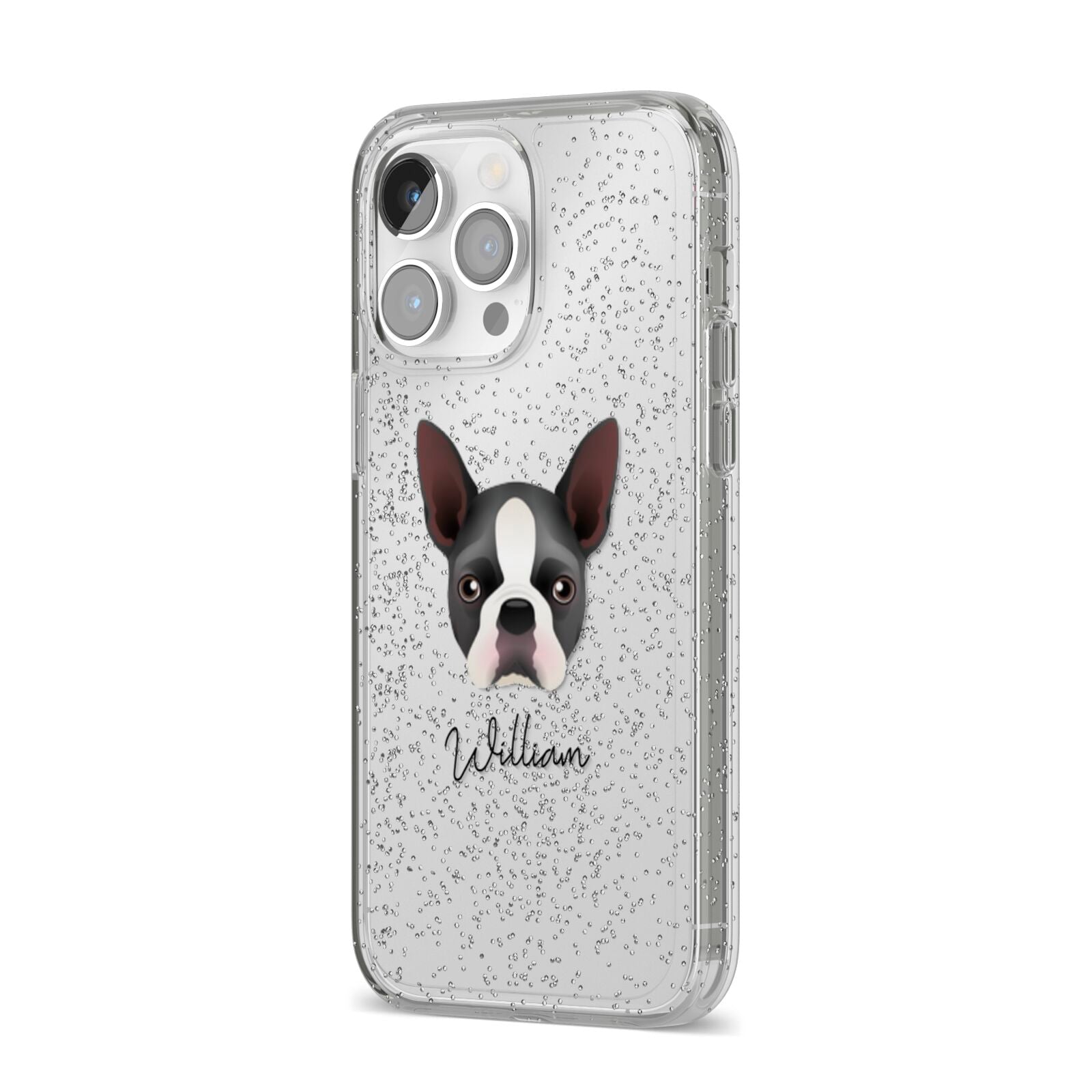 Boston Terrier Personalised iPhone 14 Pro Max Glitter Tough Case Silver Angled Image