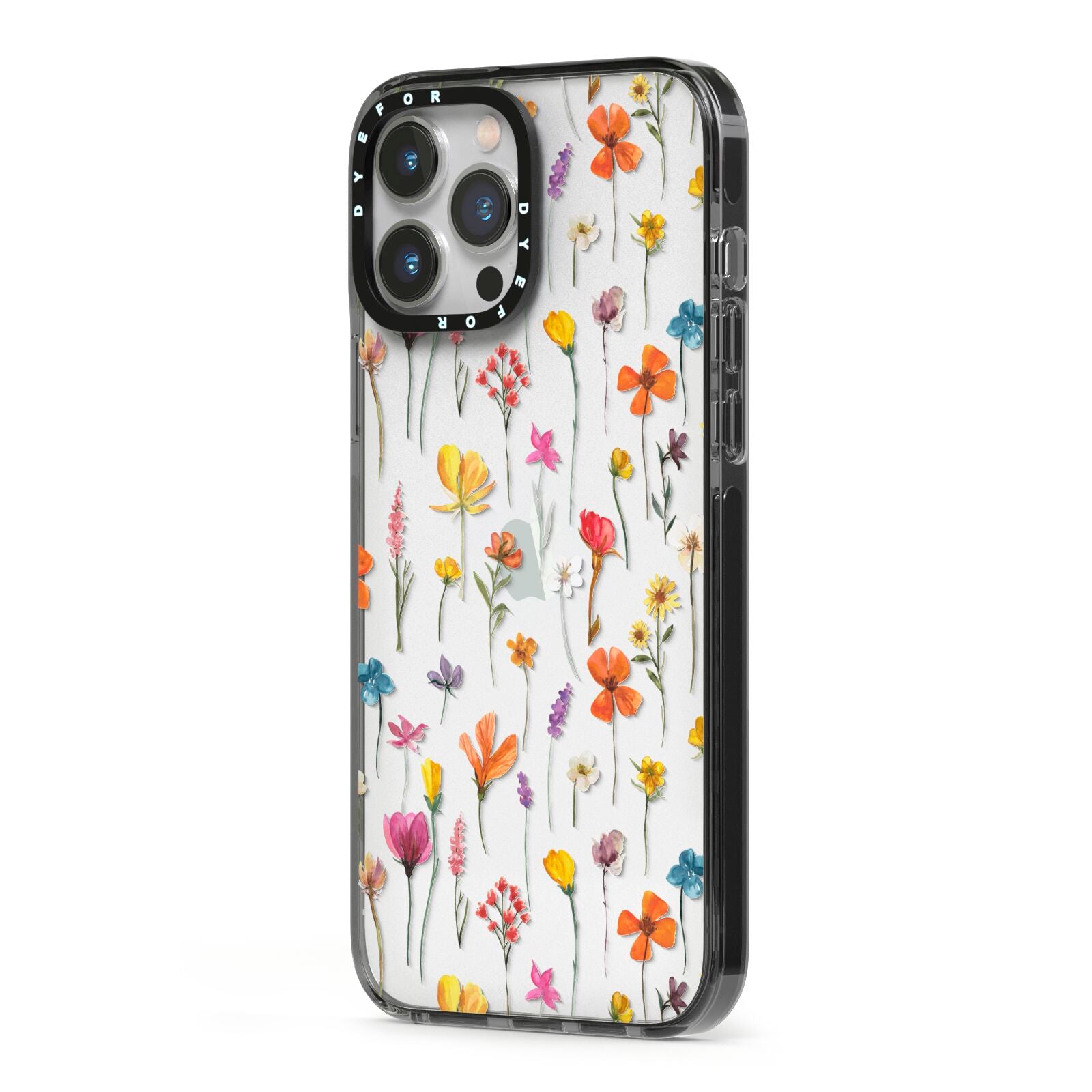 Botanical Floral iPhone 13 Pro Max Black Impact Case Side Angle on Silver phone