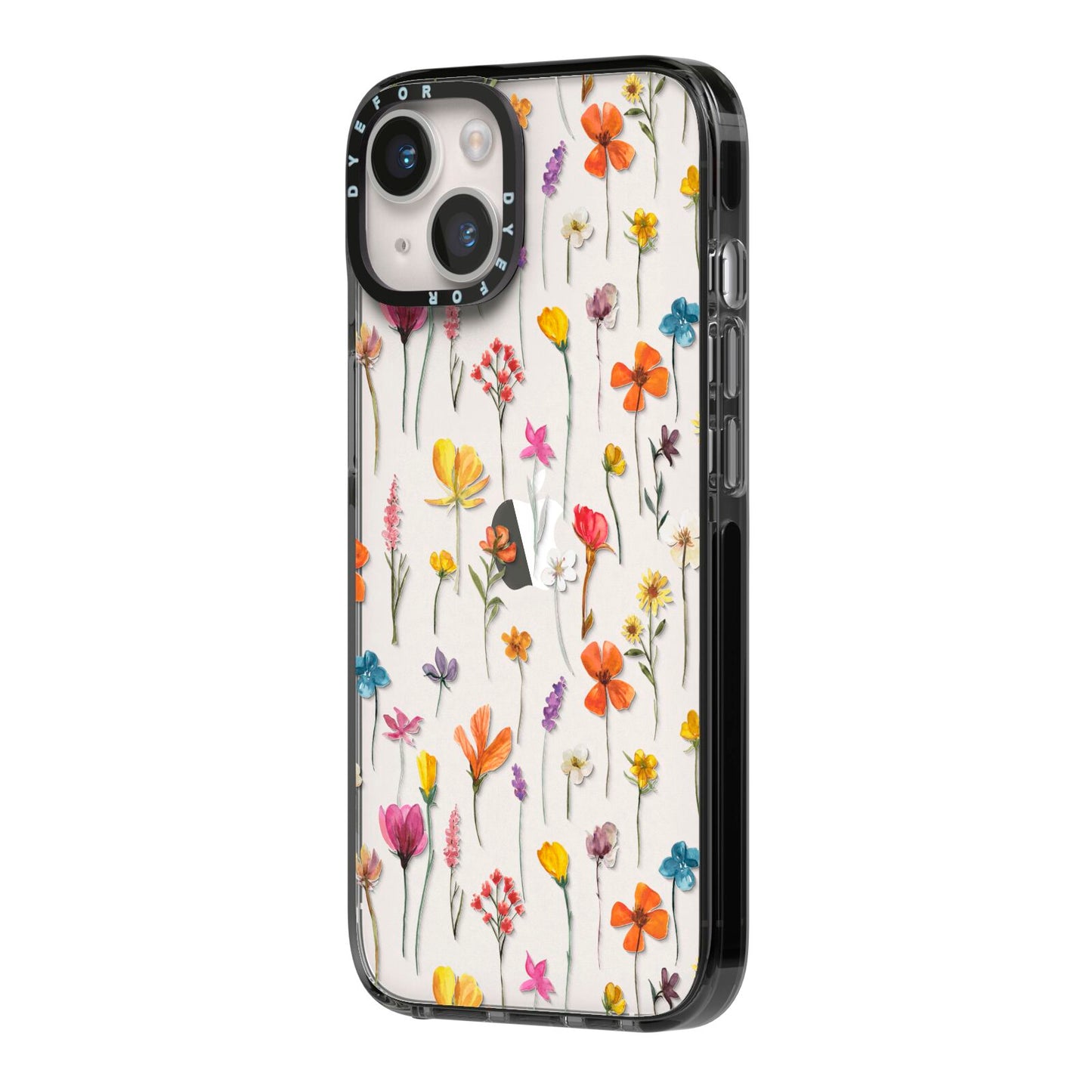 Botanical Floral iPhone 14 Black Impact Case Side Angle on Silver phone