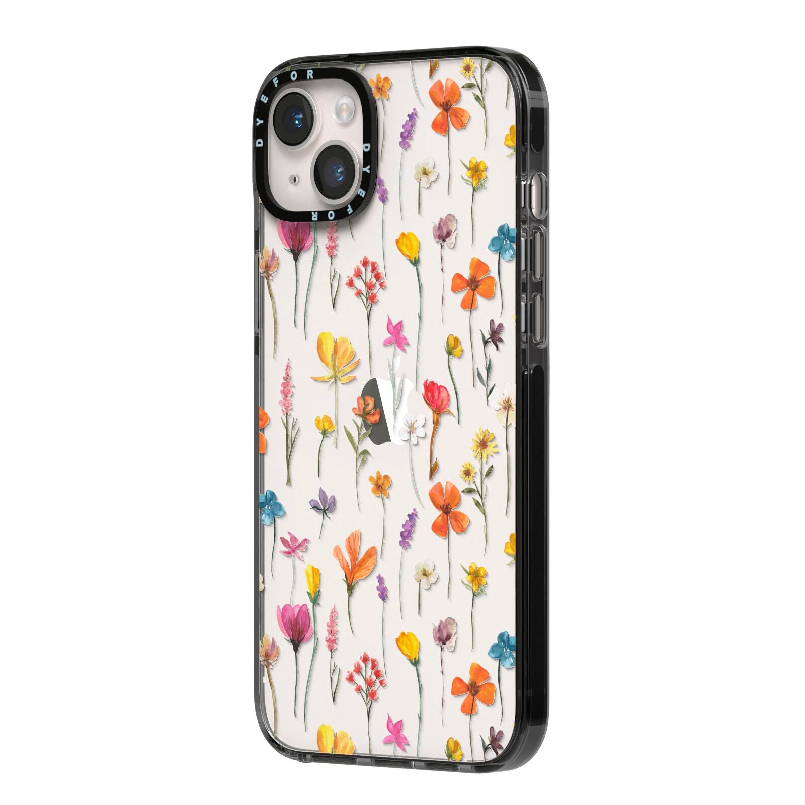 Botanical Floral iPhone 14 Plus Black Impact Case Side Angle on Silver phone