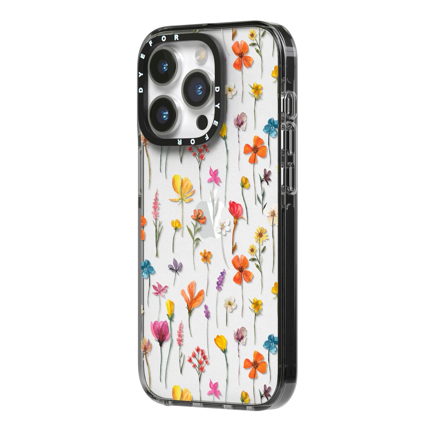 Botanical Floral iPhone 14 Pro Black Impact Case Side Angle on Silver phone
