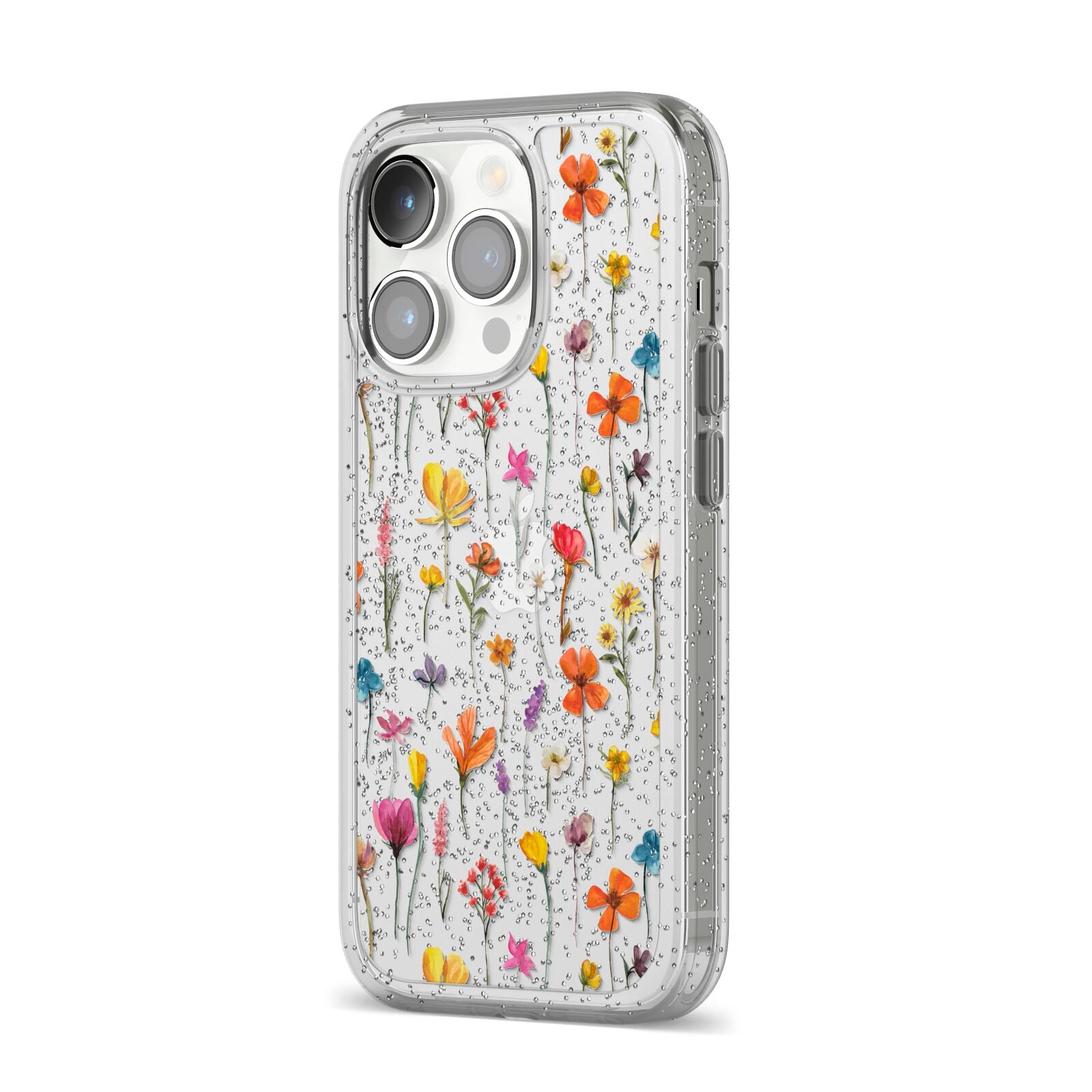 Botanical Floral iPhone 14 Pro Glitter Tough Case Silver Angled Image