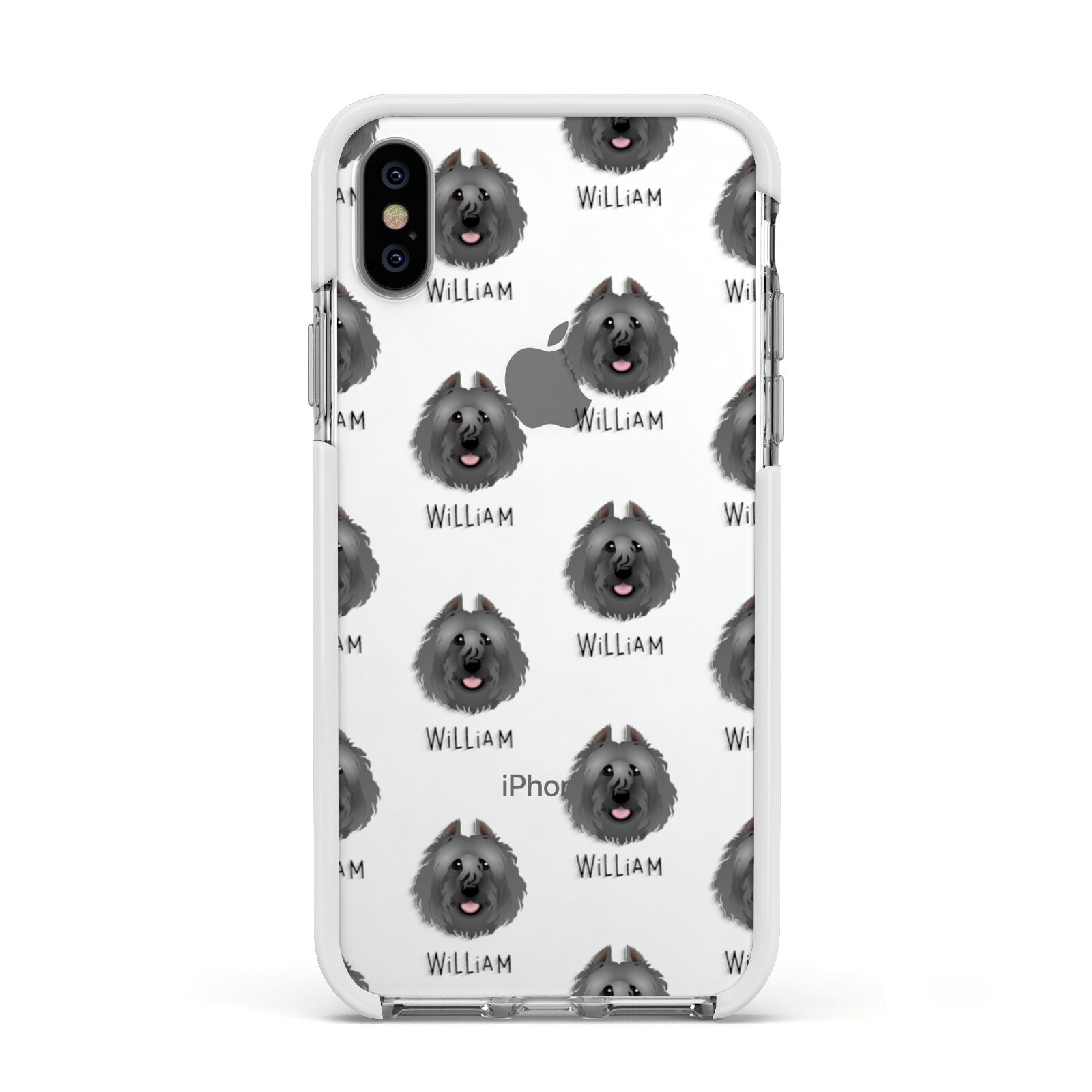 Bouvier Des Flandres Icon with Name Apple iPhone Xs Impact Case White Edge on Silver Phone