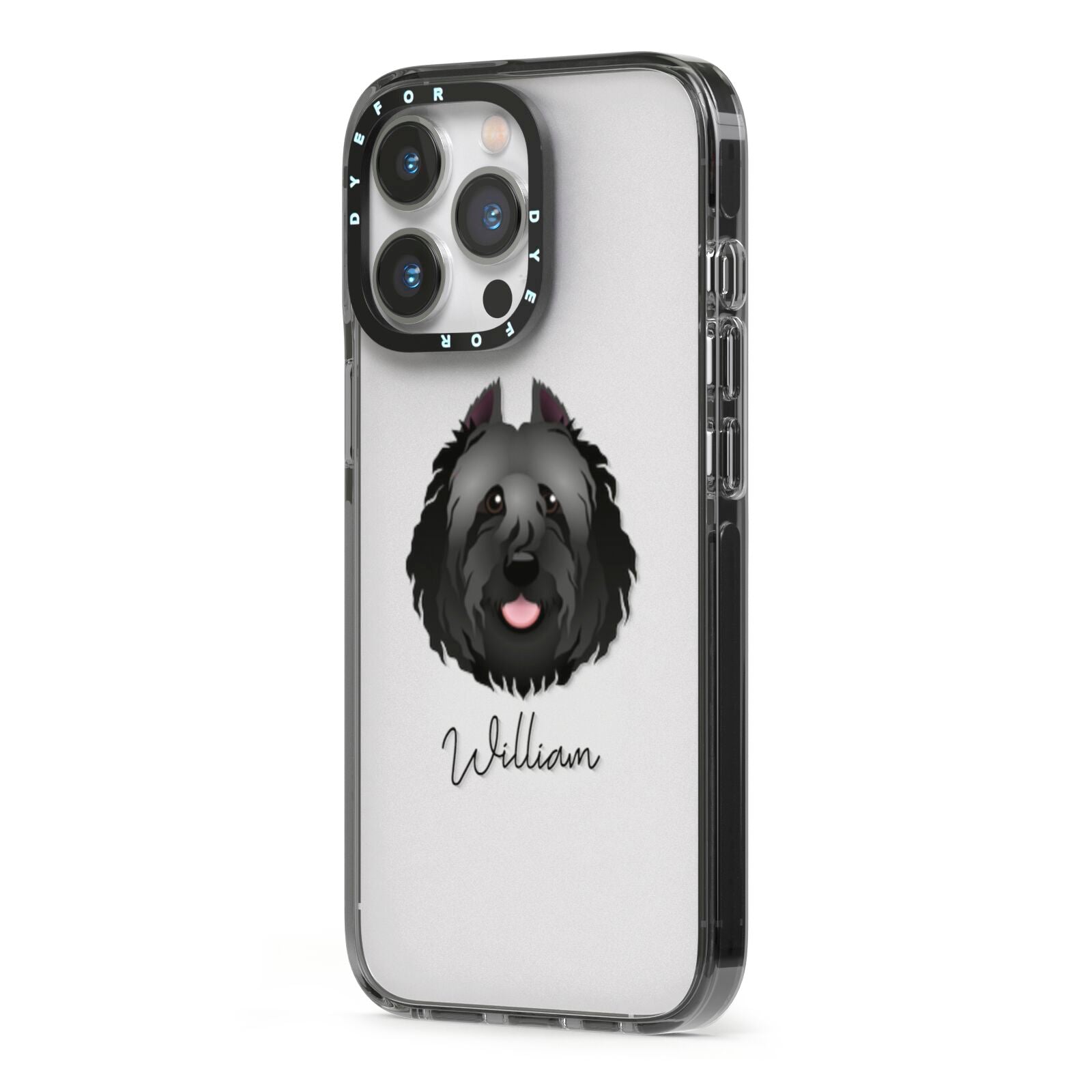 Bouvier Des Flandres Personalised iPhone 13 Pro Black Impact Case Side Angle on Silver phone