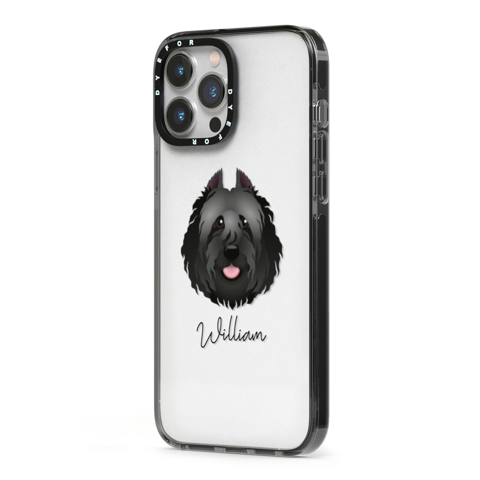Bouvier Des Flandres Personalised iPhone 13 Pro Max Black Impact Case Side Angle on Silver phone