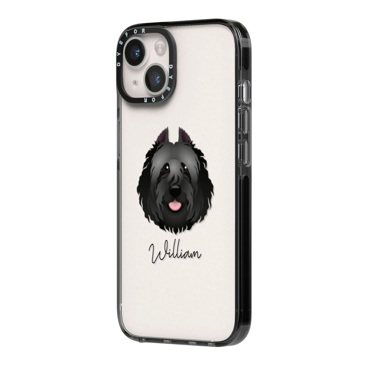 Bouvier Des Flandres Personalised iPhone 14 Black Impact Case Side Angle on Silver phone