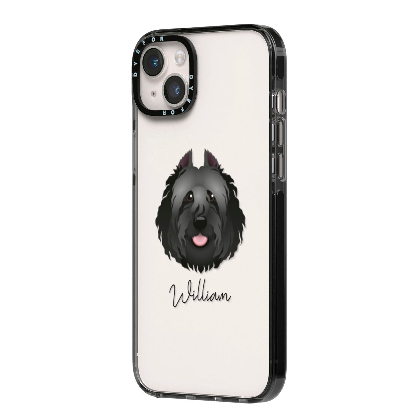 Bouvier Des Flandres Personalised iPhone 14 Plus Black Impact Case Side Angle on Silver phone