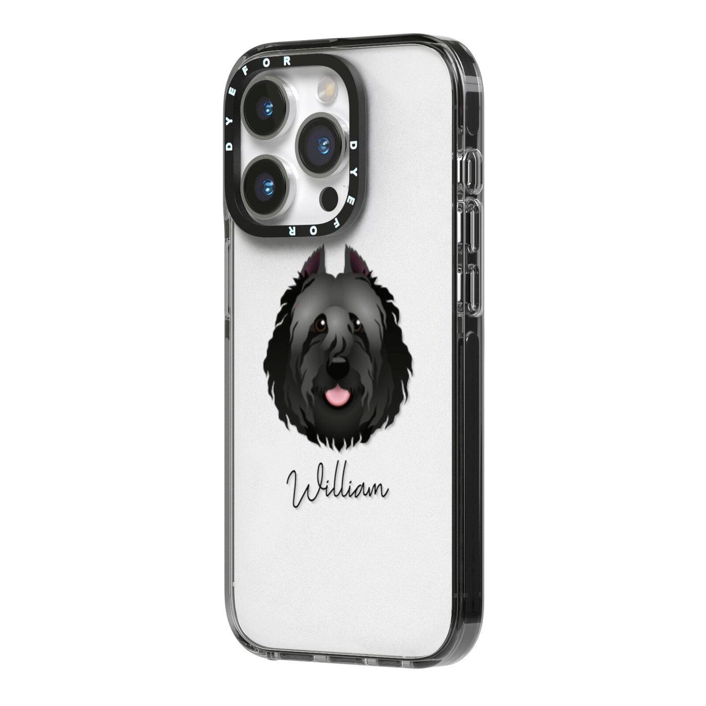 Bouvier Des Flandres Personalised iPhone 14 Pro Black Impact Case Side Angle on Silver phone