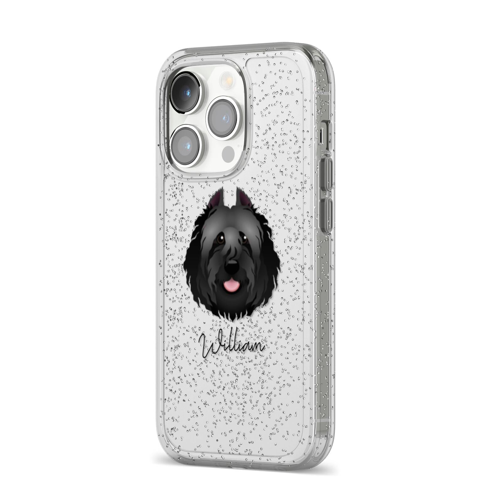 Bouvier Des Flandres Personalised iPhone 14 Pro Glitter Tough Case Silver Angled Image