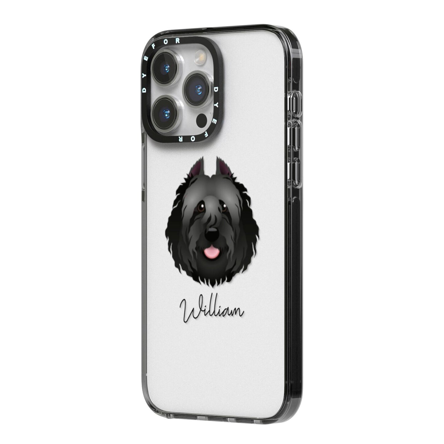Bouvier Des Flandres Personalised iPhone 14 Pro Max Black Impact Case Side Angle on Silver phone