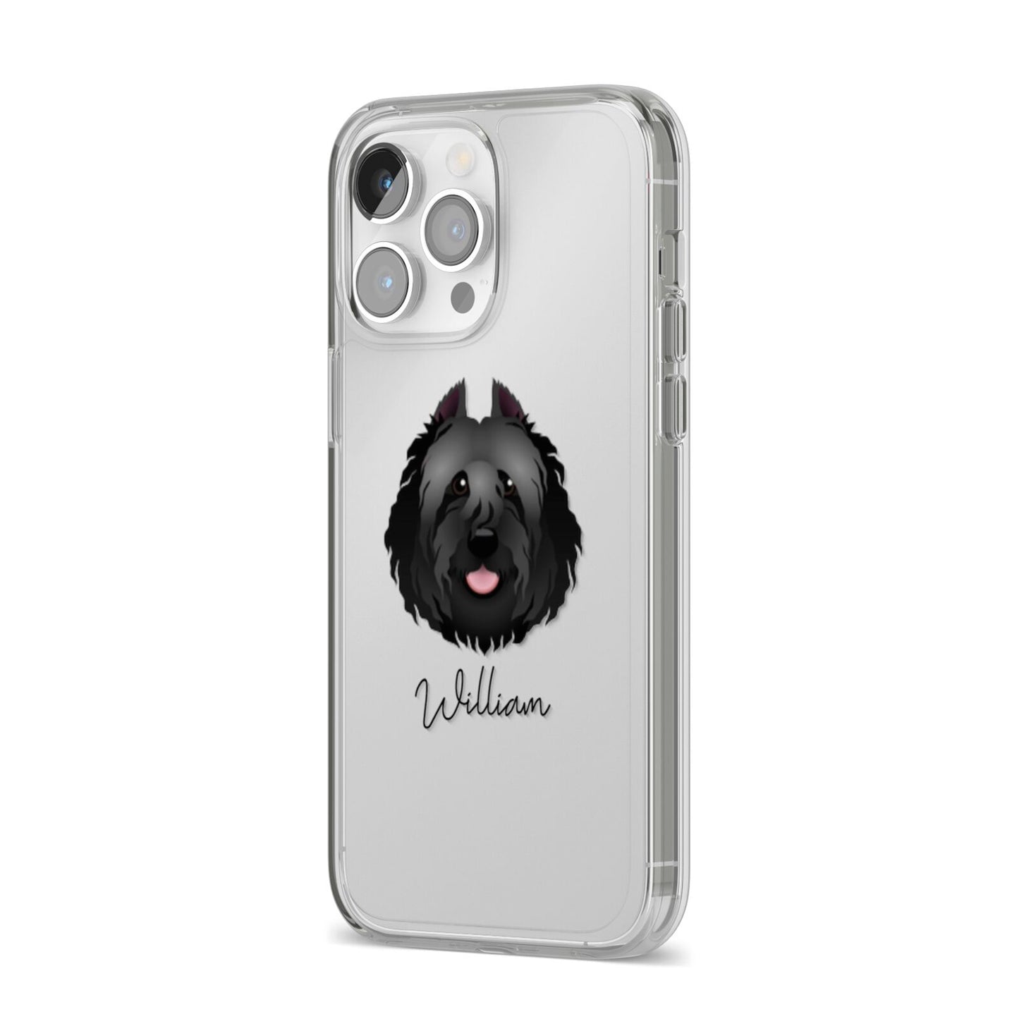 Bouvier Des Flandres Personalised iPhone 14 Pro Max Clear Tough Case Silver Angled Image