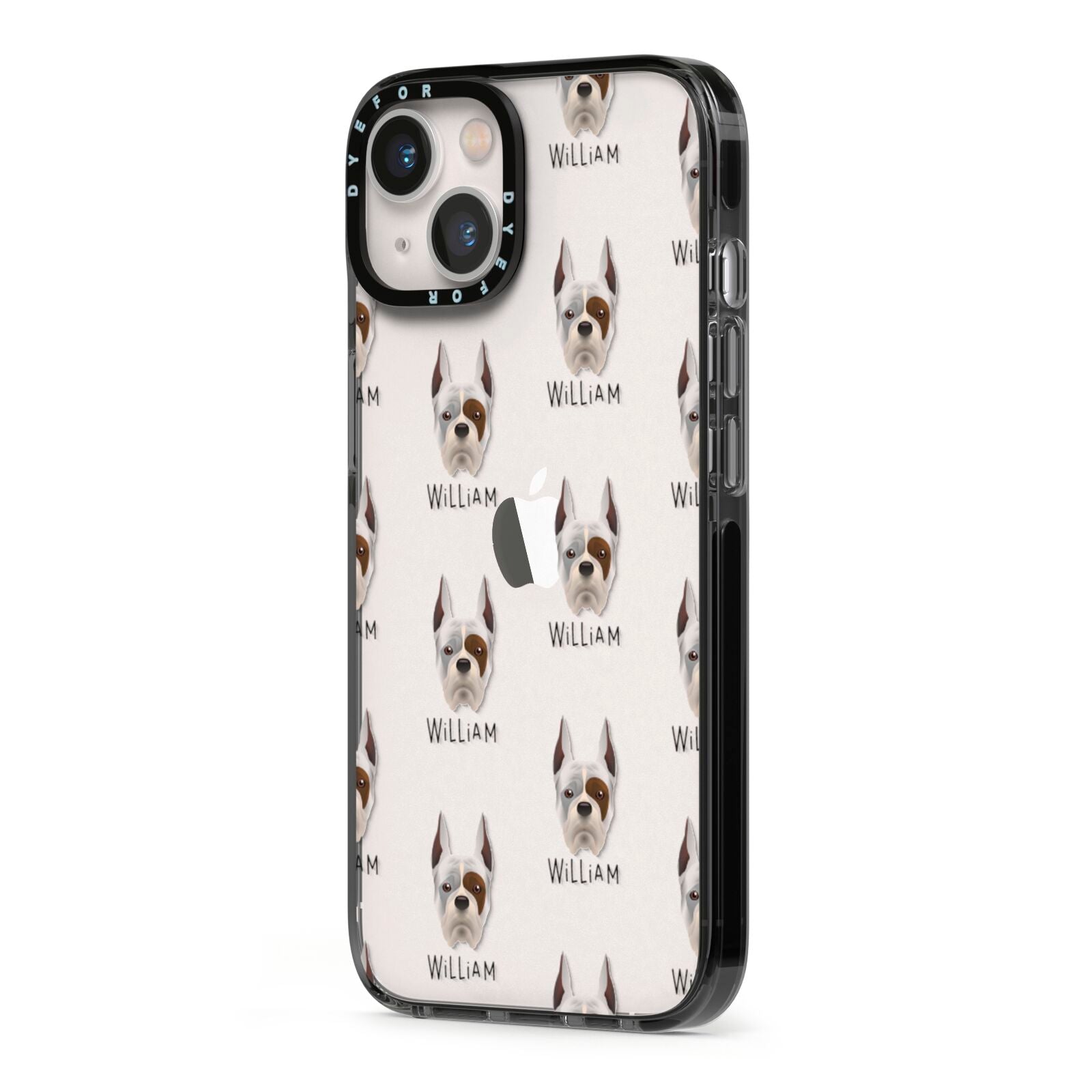 Boxer Icon with Name iPhone 13 Black Impact Case Side Angle on Silver phone