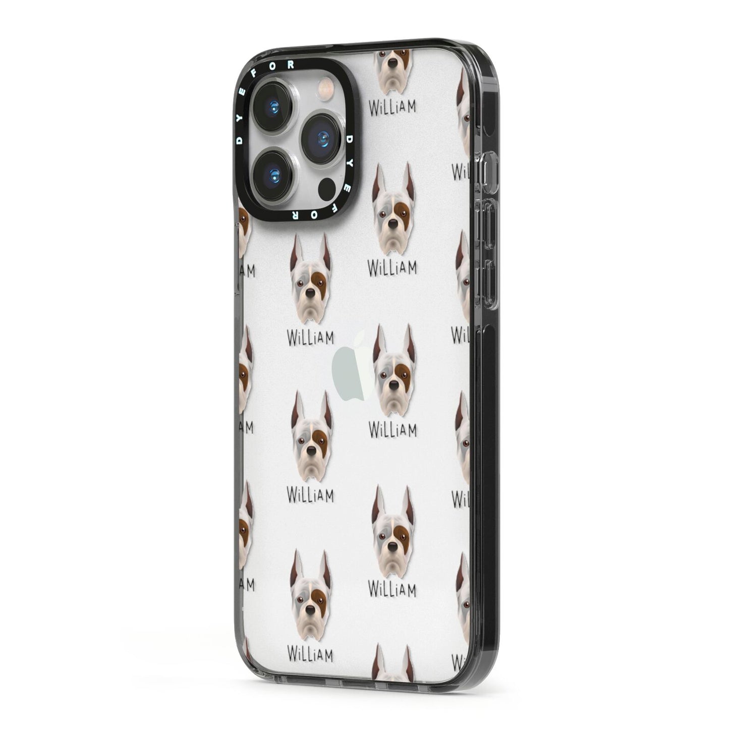 Boxer Icon with Name iPhone 13 Pro Max Black Impact Case Side Angle on Silver phone
