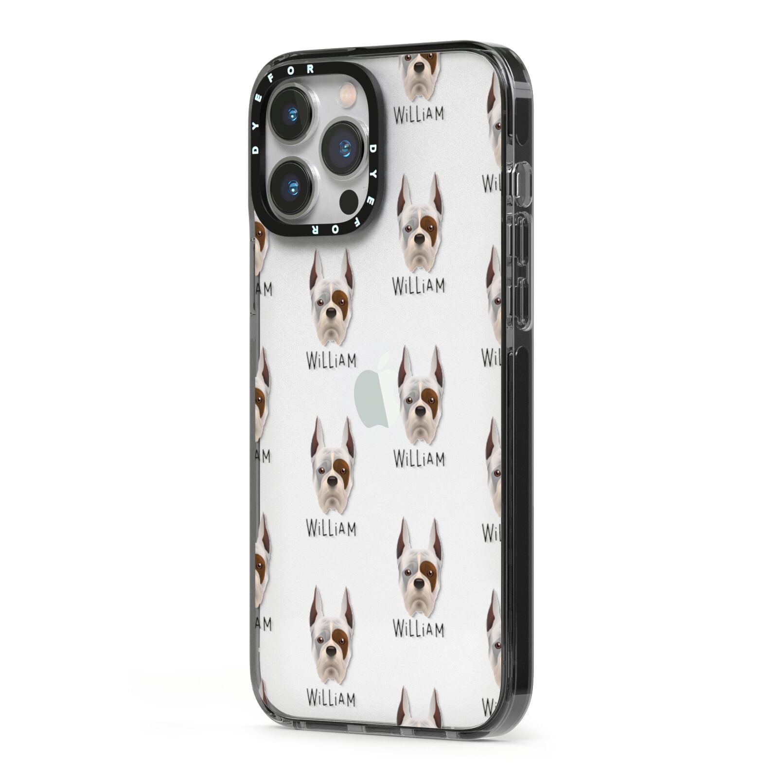 Boxer Icon with Name iPhone 13 Pro Max Black Impact Case Side Angle on Silver phone