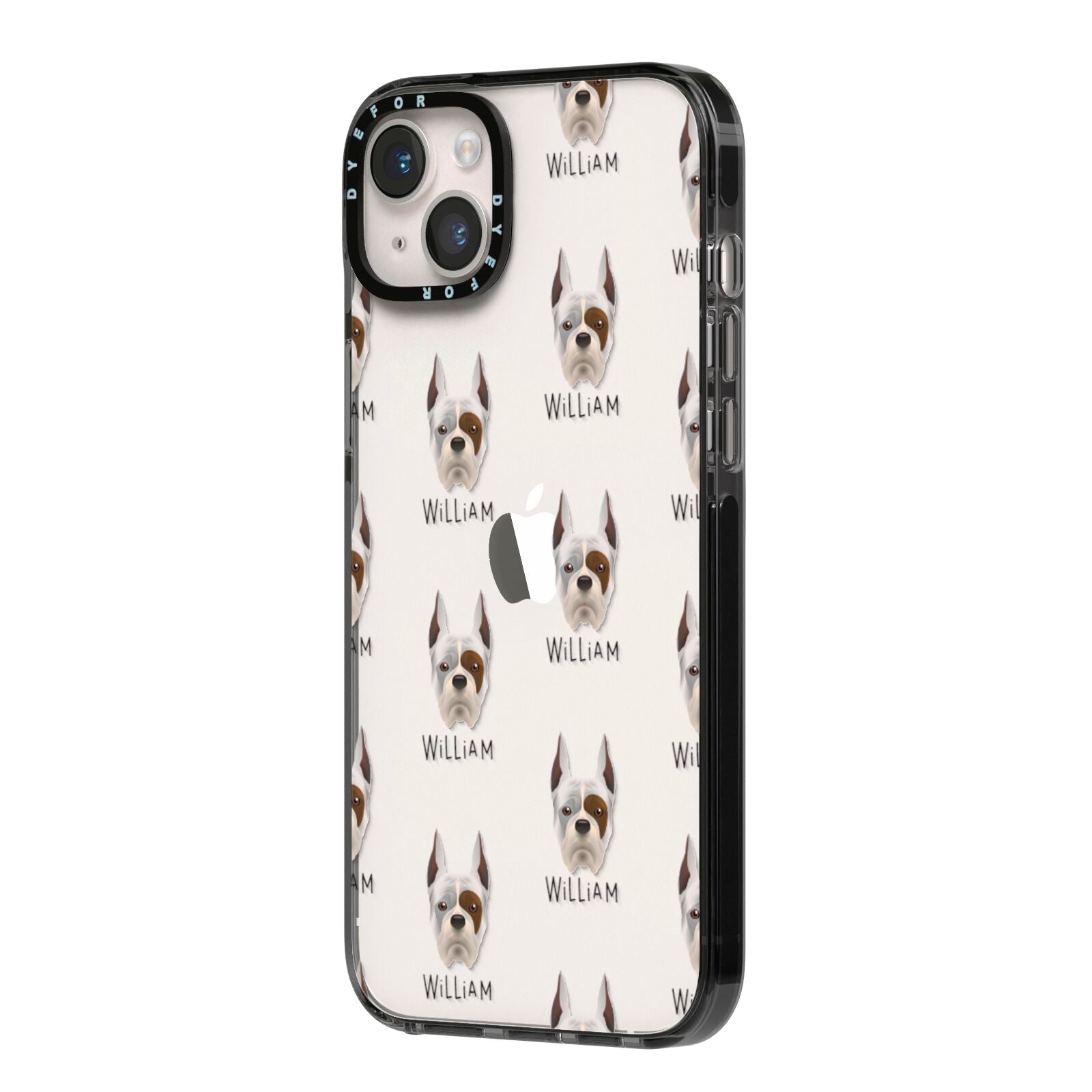 Boxer Icon with Name iPhone 14 Plus Black Impact Case Side Angle on Silver phone