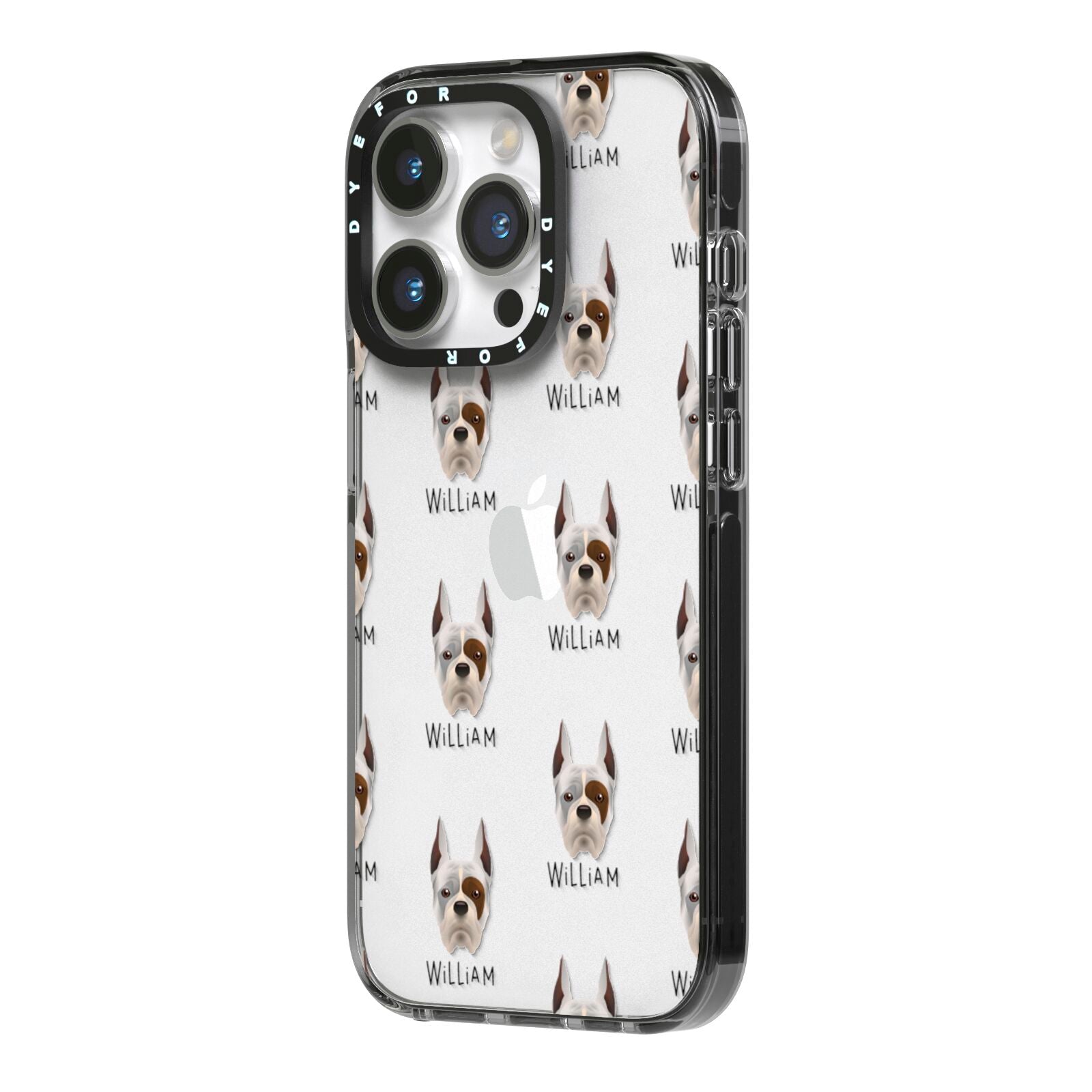 Boxer Icon with Name iPhone 14 Pro Black Impact Case Side Angle on Silver phone