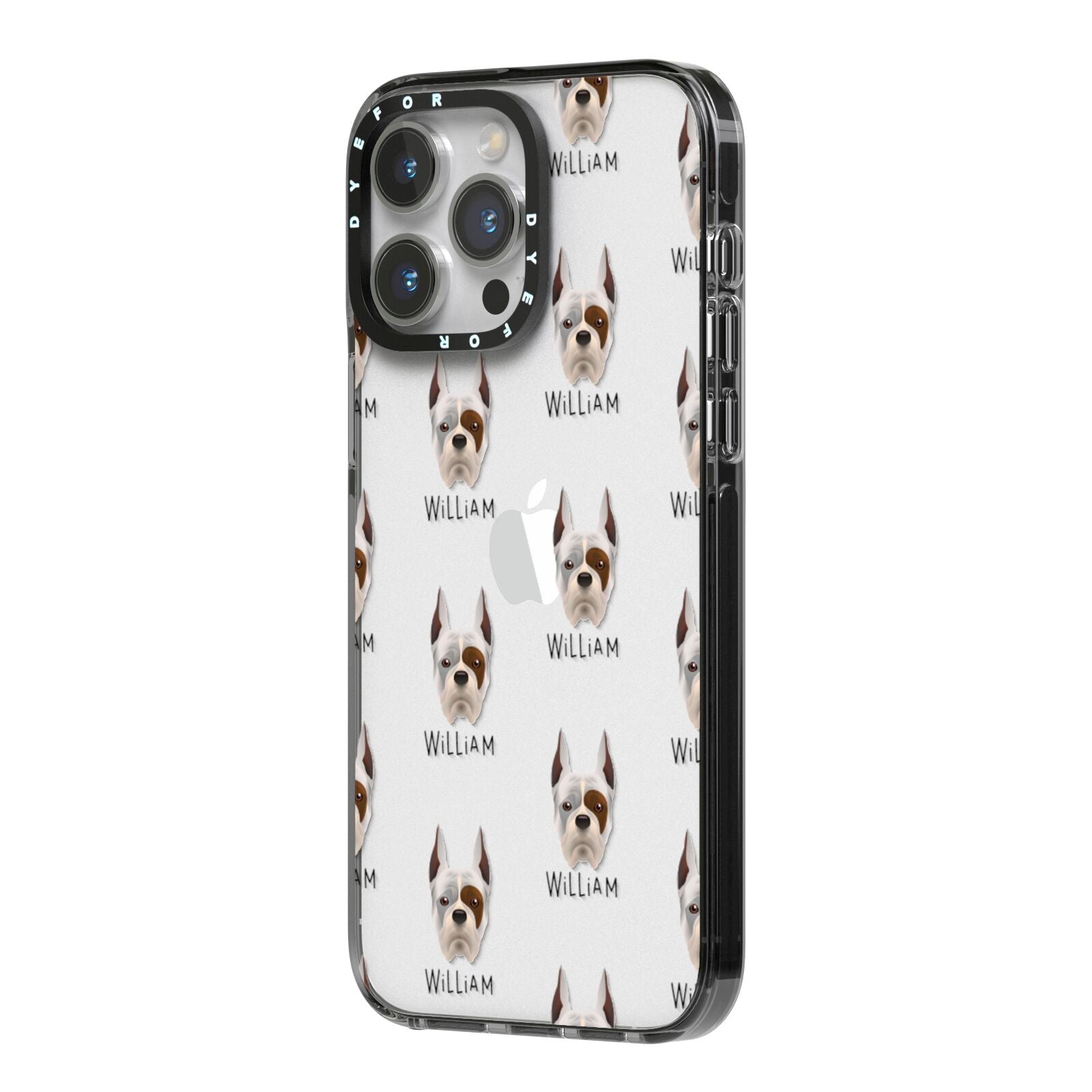 Boxer Icon with Name iPhone 14 Pro Max Black Impact Case Side Angle on Silver phone